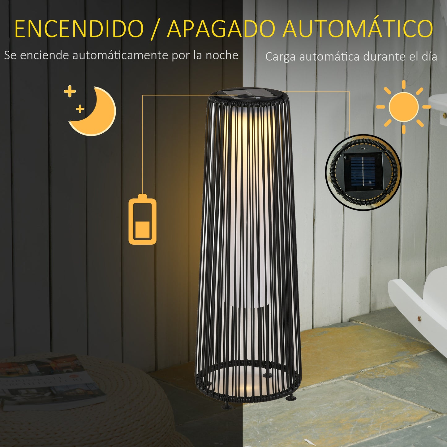 Outsunny Lámpara de Pie de Mimbre Ratán de Energía Solar con LED 0,8 W Interruptor de Control de Luz Automático Decoración para Exterior Ø21,5x61 cm Negro