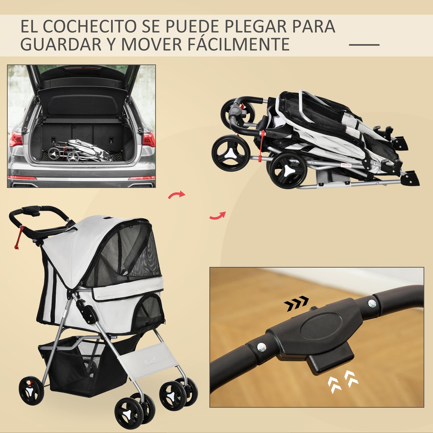 PawHut Carrito para Perros Plegable Cochecito para Mascotas Carrito para Perros Pequeños con Toldo Ajustable Cesta de Almacenaje 2 Ruedas Universales y Marco de Acero 75x46x94 cm Gris