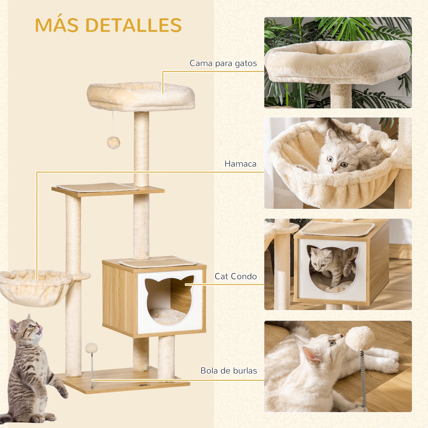 PawHut Árbol Rascador para Gatos con Plataforma Altura 126 cm Torre Escalador para Gatos con Hamaca Caseta Cama Postes de Sisal y Bolas para Jugar 48x40x126 cm Beige