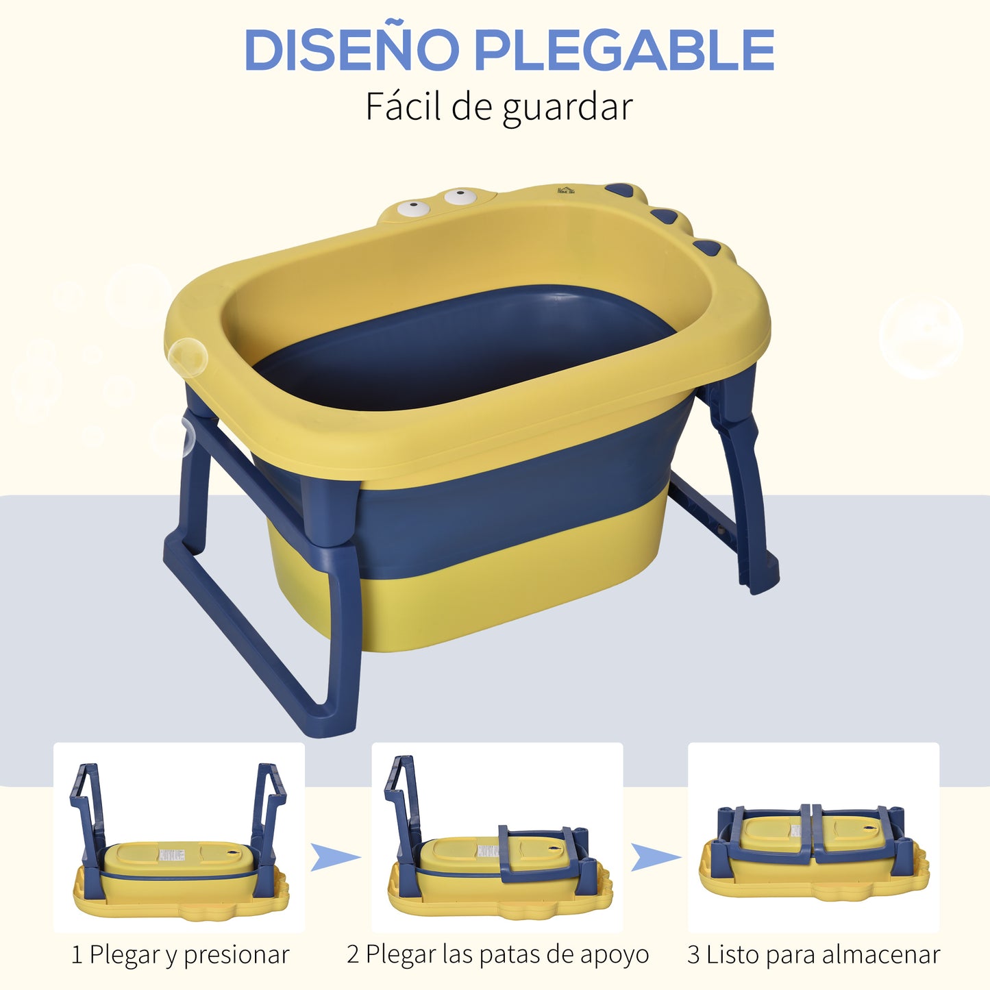 HOMCOM Bañera Plegable para Bebé de 0-3 Años Capacidad 105L Bañera Portátil para Niños con Patas Antideslizantes y Orificio de Drenaje Carga 50 kg 75,3x55,4x43 cm Amarillo y Azul