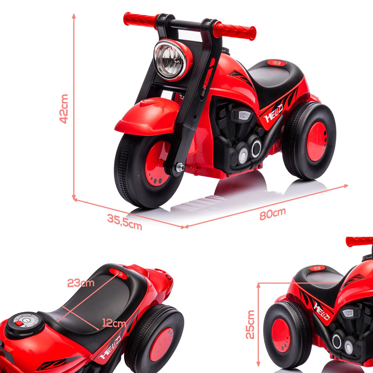 AIYAPLAY Moto Correpasillos para Niños de 2-5 Años Correpasillos con Música Burbujas Carga 30 kg 80x35,5x42 cm Rojo