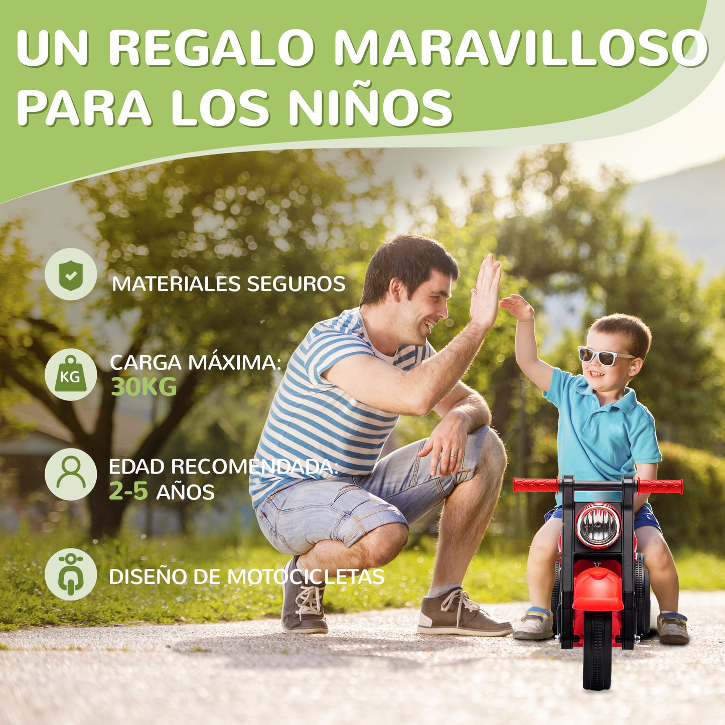 AIYAPLAY Moto Correpasillos para Niños de 2-5 Años Correpasillos con Música Burbujas Carga 30 kg 80x35,5x42 cm Rojo