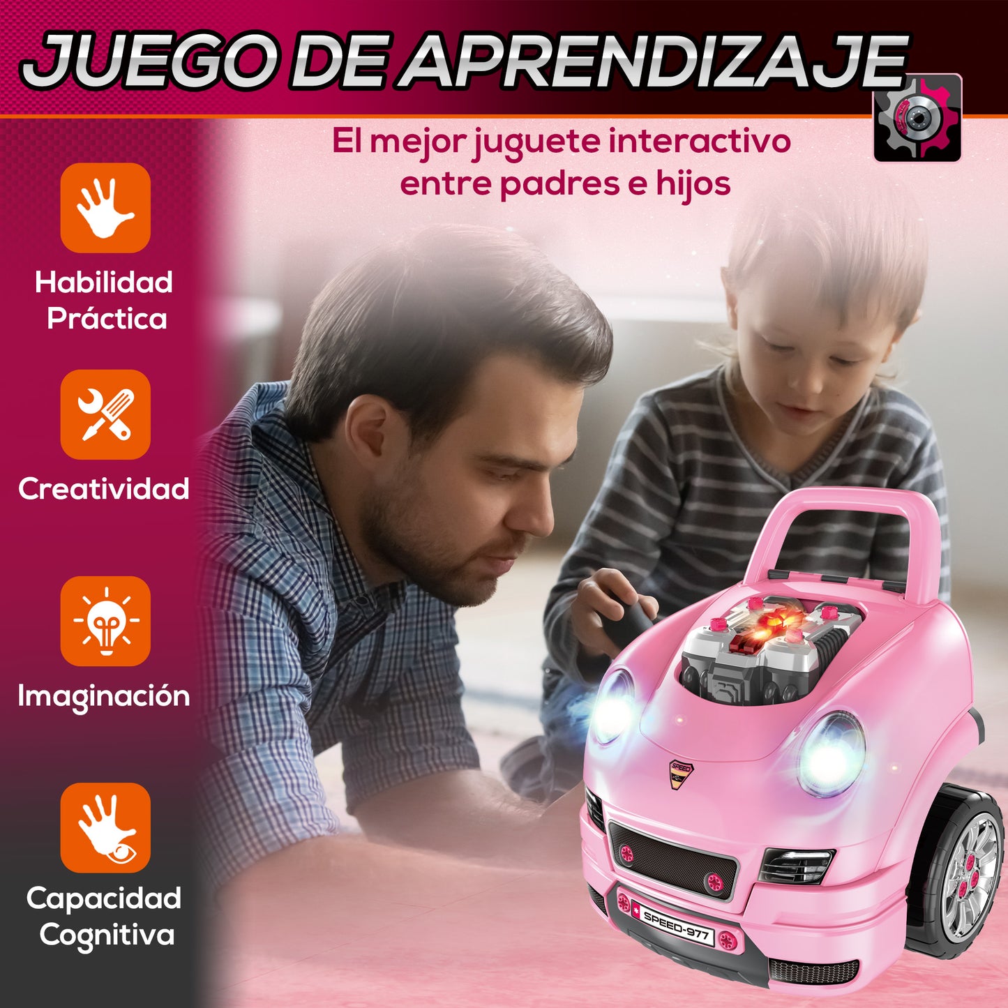 HOMCOM Motor de Camión para Niños de +3 Años Conjunto de Motor de Juguete con 61 Piezas Volante Bocina Faros Caja de Almacenaje y Ruedas 40x39x47 cm Rosa