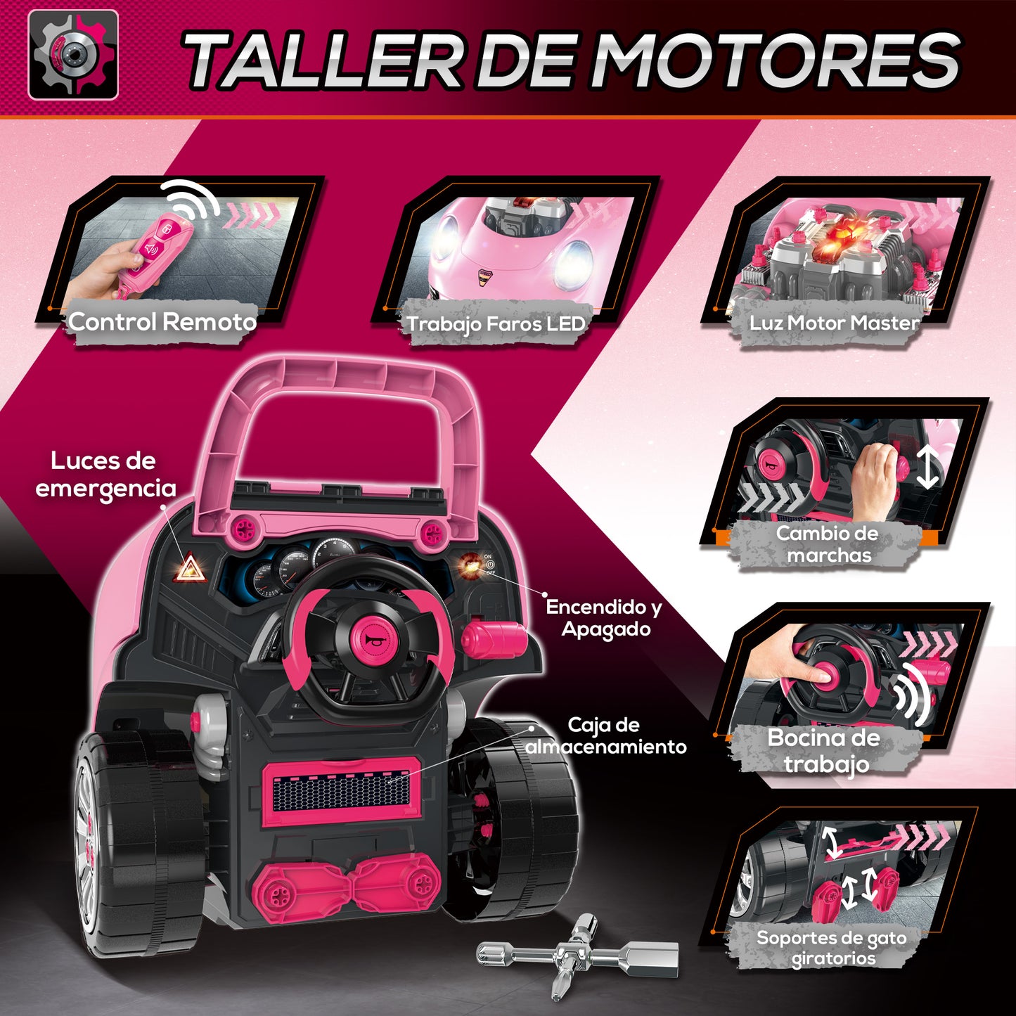 HOMCOM Motor de Camión para Niños de +3 Años Conjunto de Motor de Juguete con 61 Piezas Volante Bocina Faros Caja de Almacenaje y Ruedas 40x39x47 cm Rosa