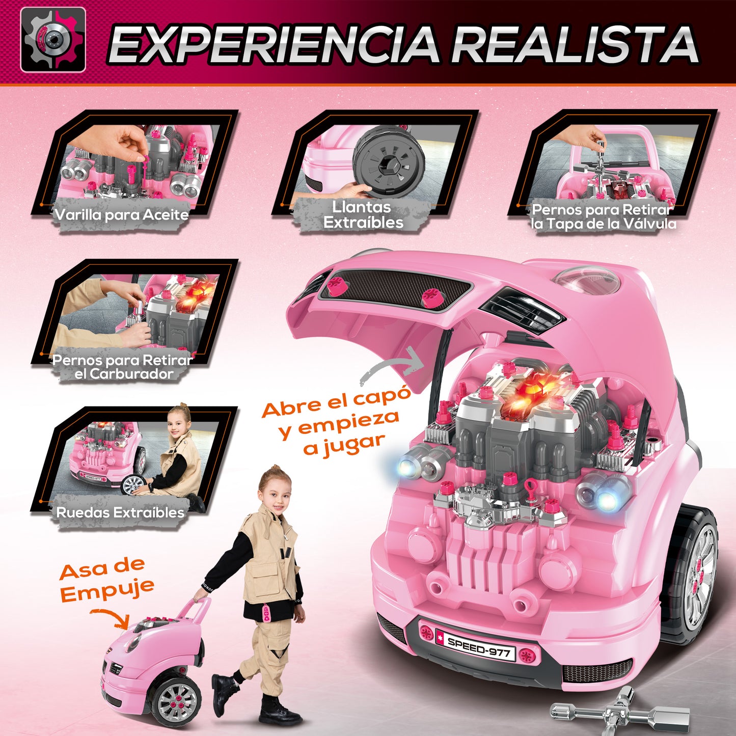 HOMCOM Motor de Camión para Niños de +3 Años Conjunto de Motor de Juguete con 61 Piezas Volante Bocina Faros Caja de Almacenaje y Ruedas 40x39x47 cm Rosa