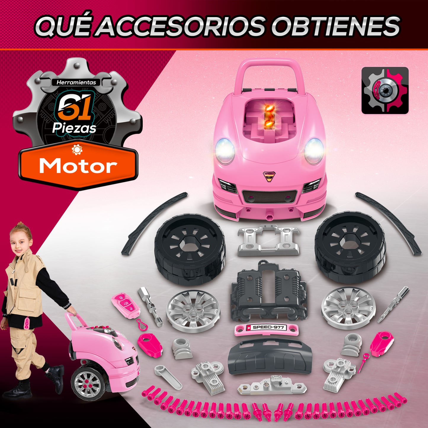 HOMCOM Motor de Camión para Niños de +3 Años Conjunto de Motor de Juguete con 61 Piezas Volante Bocina Faros Caja de Almacenaje y Ruedas 40x39x47 cm Rosa