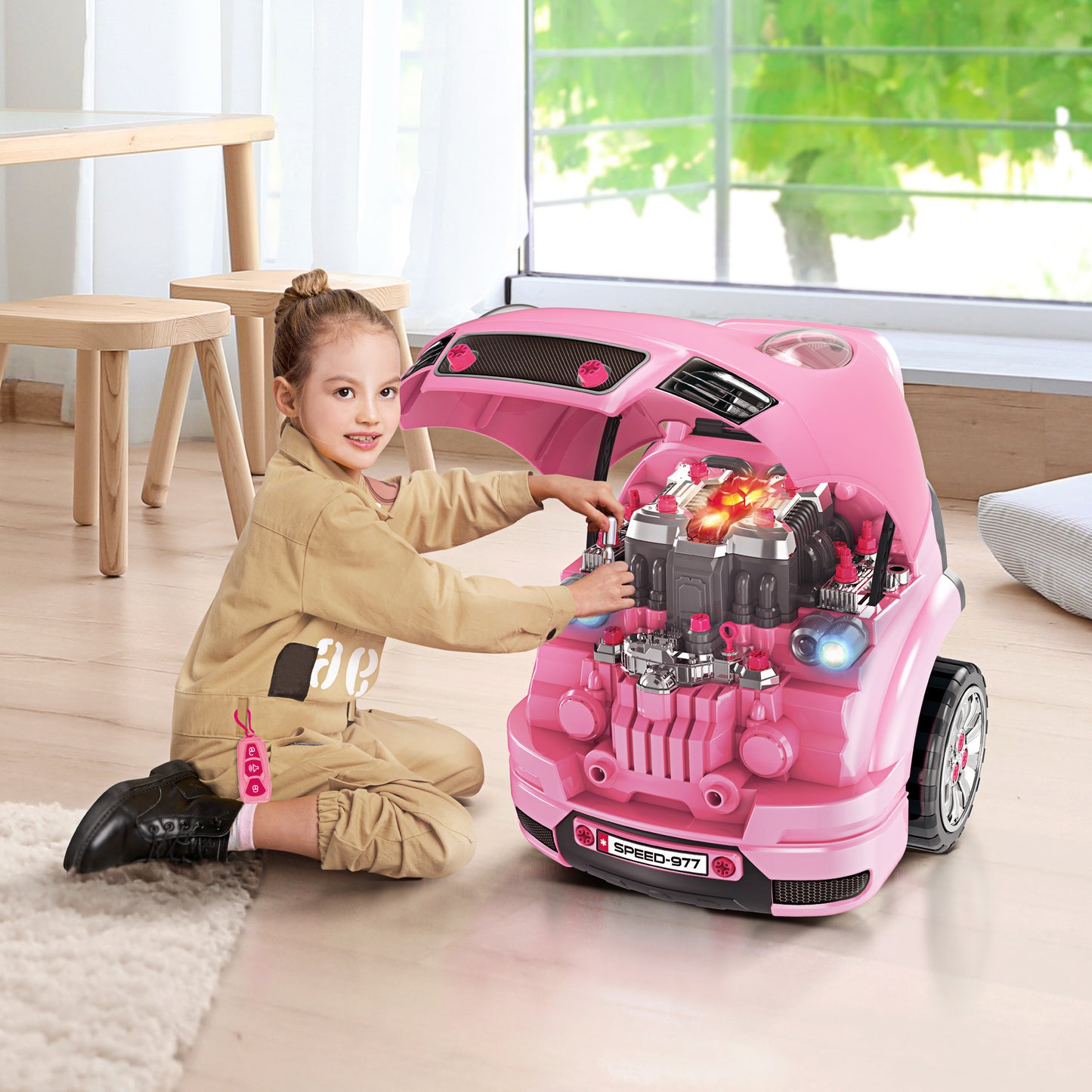 HOMCOM Motor de Camión para Niños de +3 Años Conjunto de Motor de Juguete con 61 Piezas Volante Bocina Faros Caja de Almacenaje y Ruedas 40x39x47 cm Rosa