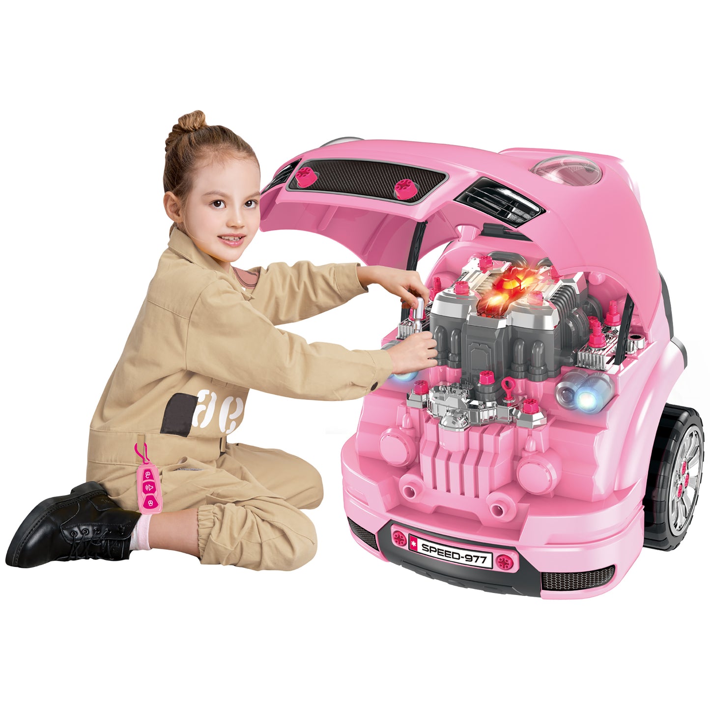 HOMCOM Motor de Camión para Niños de +3 Años Conjunto de Motor de Juguete con 61 Piezas Volante Bocina Faros Caja de Almacenaje y Ruedas 40x39x47 cm Rosa