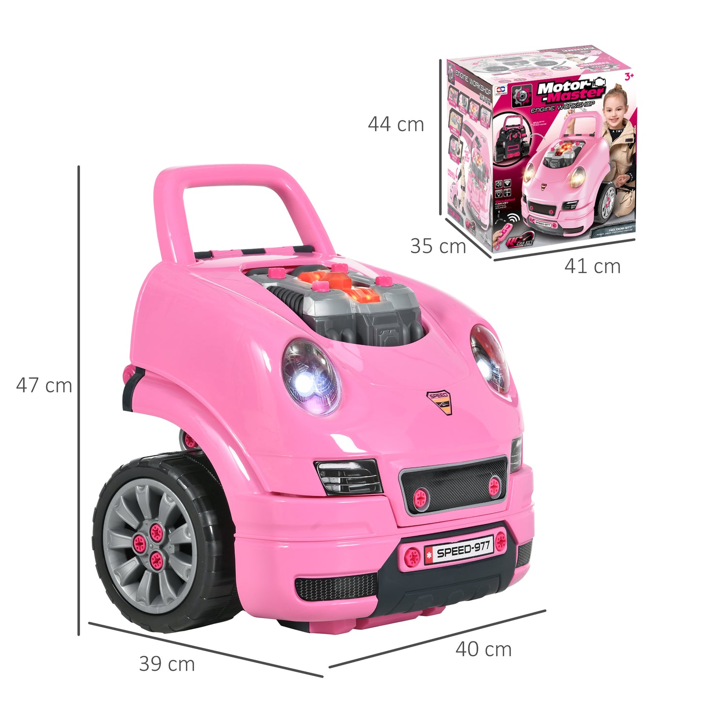 HOMCOM Motor de Camión para Niños de +3 Años Conjunto de Motor de Juguete con 61 Piezas Volante Bocina Faros Caja de Almacenaje y Ruedas 40x39x47 cm Rosa