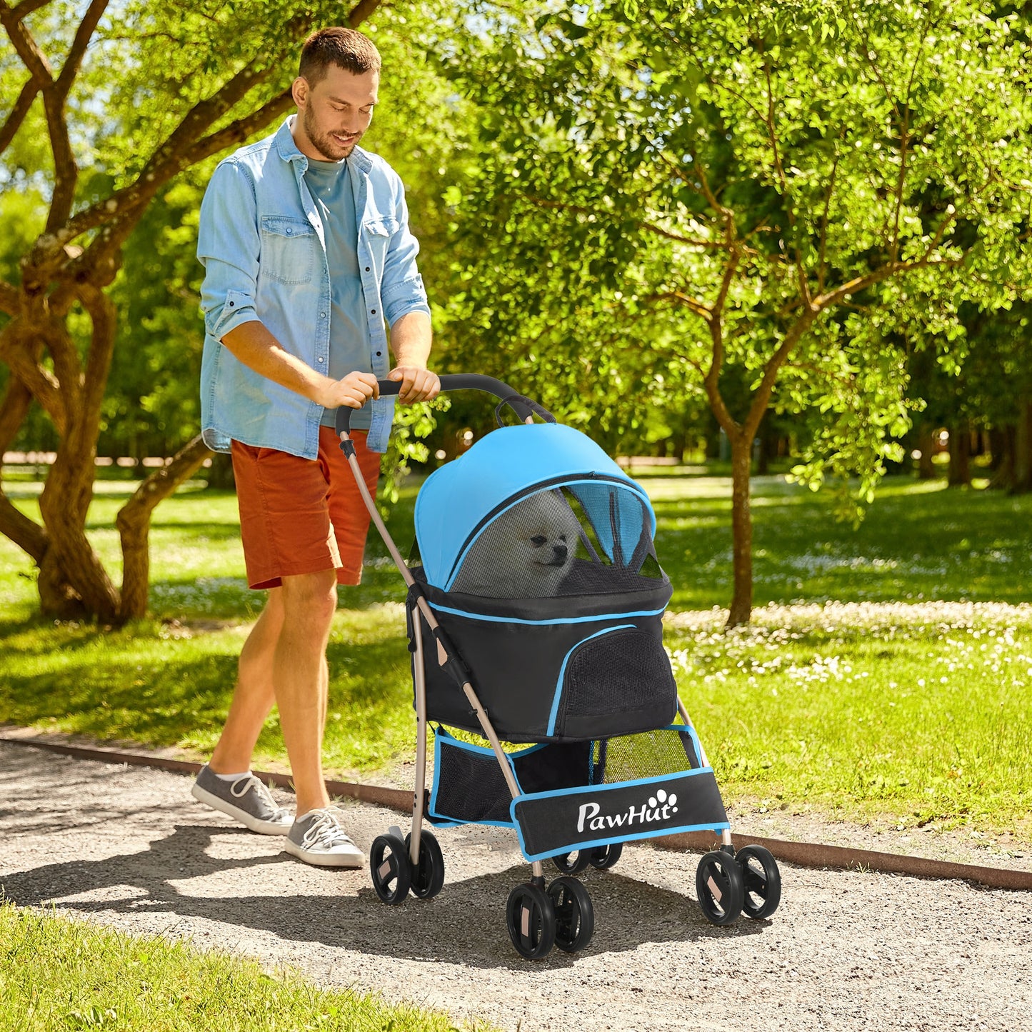 PawHut Carrito para Perros Plegable 3 en 1 Cochecito para Mascotas Carrito para Perros Pequeños con Vagón Desmontable Cesta de Almacenaje Correas de Seguridad y Cojín Azul