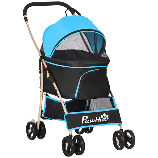 PawHut Carrito para Perros Plegable 3 en 1 Cochecito para Mascotas Carrito para Perros Pequeños con Vagón Desmontable Cesta de Almacenaje Correas de Seguridad y Cojín Azul