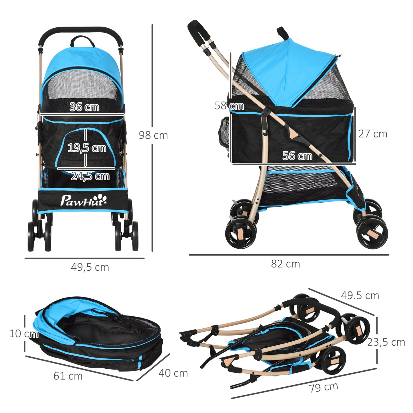 PawHut Carrito para Perros Plegable 3 en 1 Cochecito para Mascotas Carrito para Perros Pequeños con Vagón Desmontable Cesta de Almacenaje Correas de Seguridad y Cojín Azul