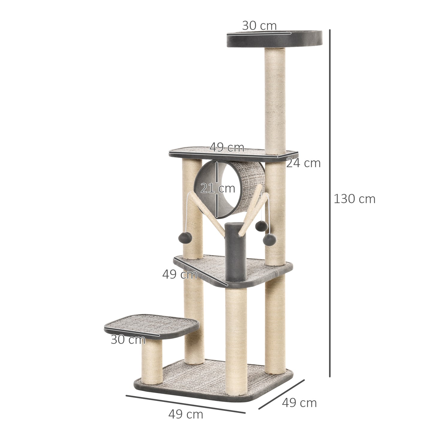 PawHut Árbol para Gatos Grande 49x49x130 cm Torre Escalador para Gatos con Múltiples Plataformas Cama de Túnel Postes de Sisal y Juguetes Beige y Gris