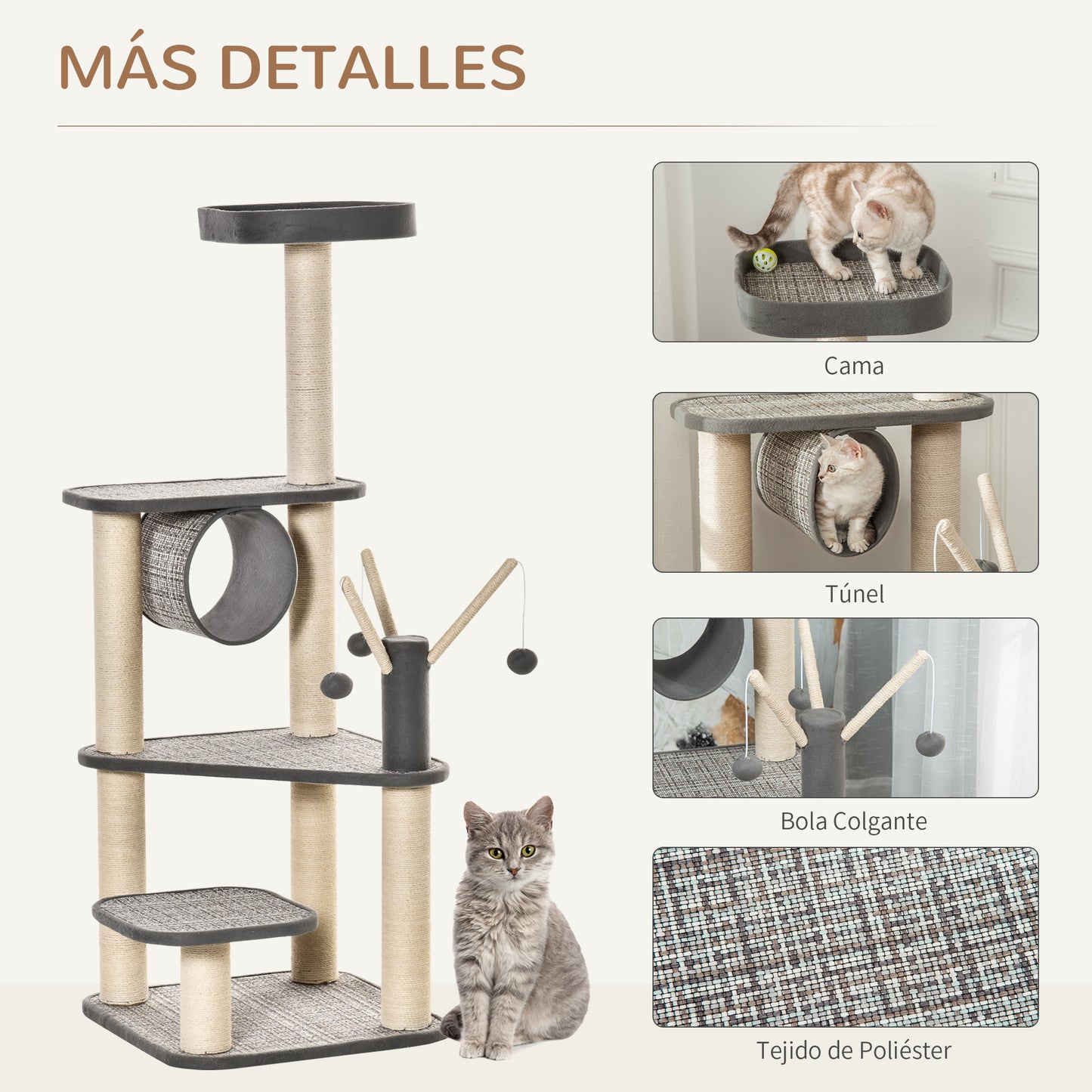 PawHut Árbol para Gatos Grande 49x49x130 cm Torre Escalador para Gatos con Múltiples Plataformas Cama de Túnel Postes de Sisal y Juguetes Beige y Gris