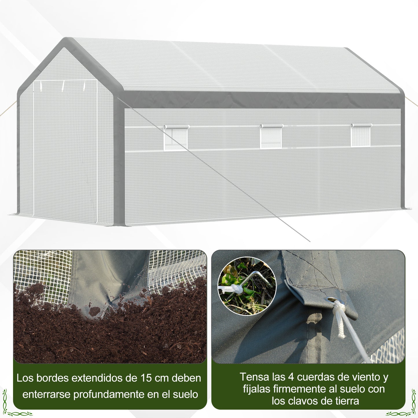 Outsunny Invernadero de Jardín 600x300x280 cm Invernadero de Túnel para Cultivo de Plantas Verduras con 2 Puertas 6 Ventanas Enrollables y Cubierta de Polietileno PE 140g/m² Blanco