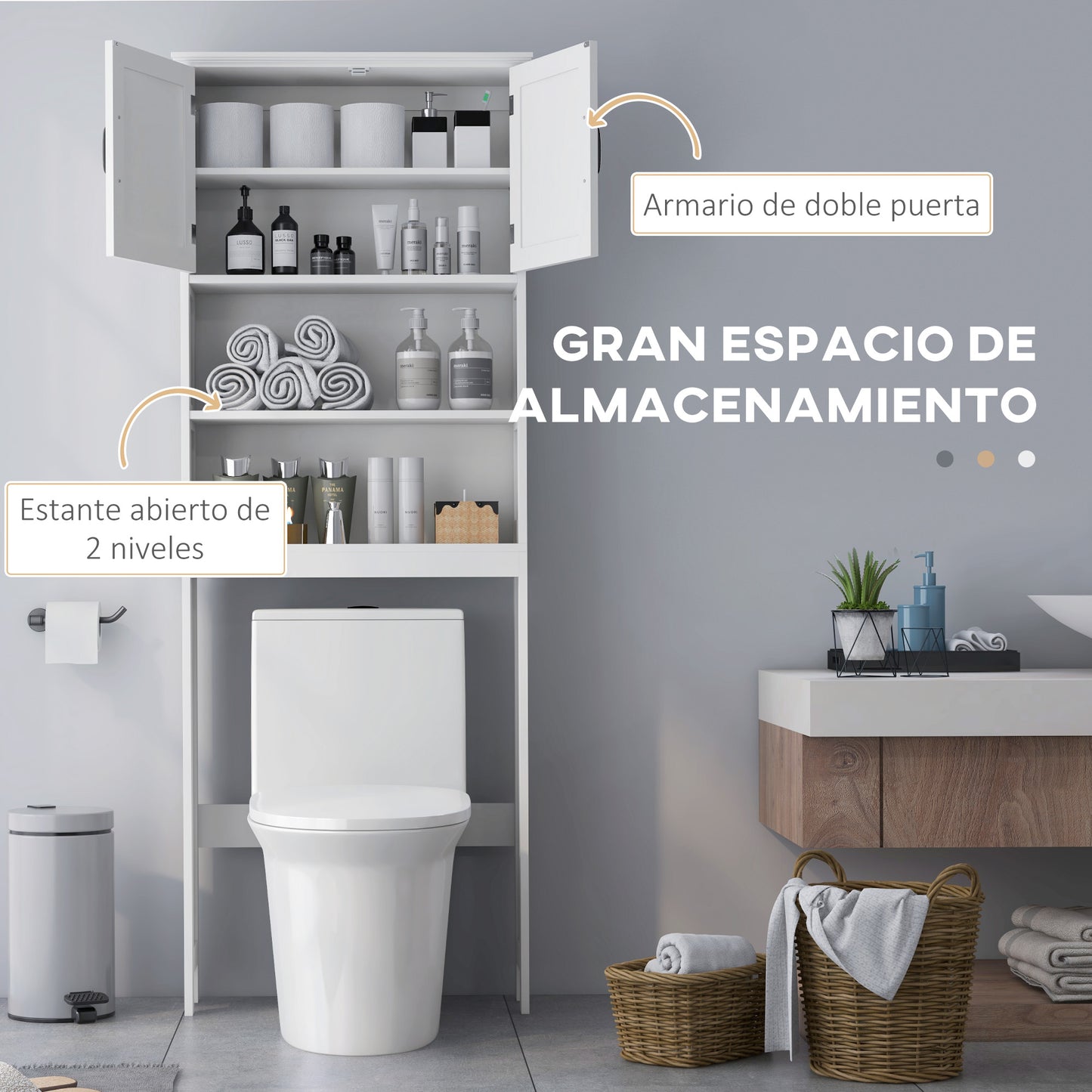 kleankin Mueble sobre Inodoro Armario para Lavadora con 2 Puertas Estantes Abiertos y Estante Ajustable Mueble para Baño 66x23x178 cm Blanco