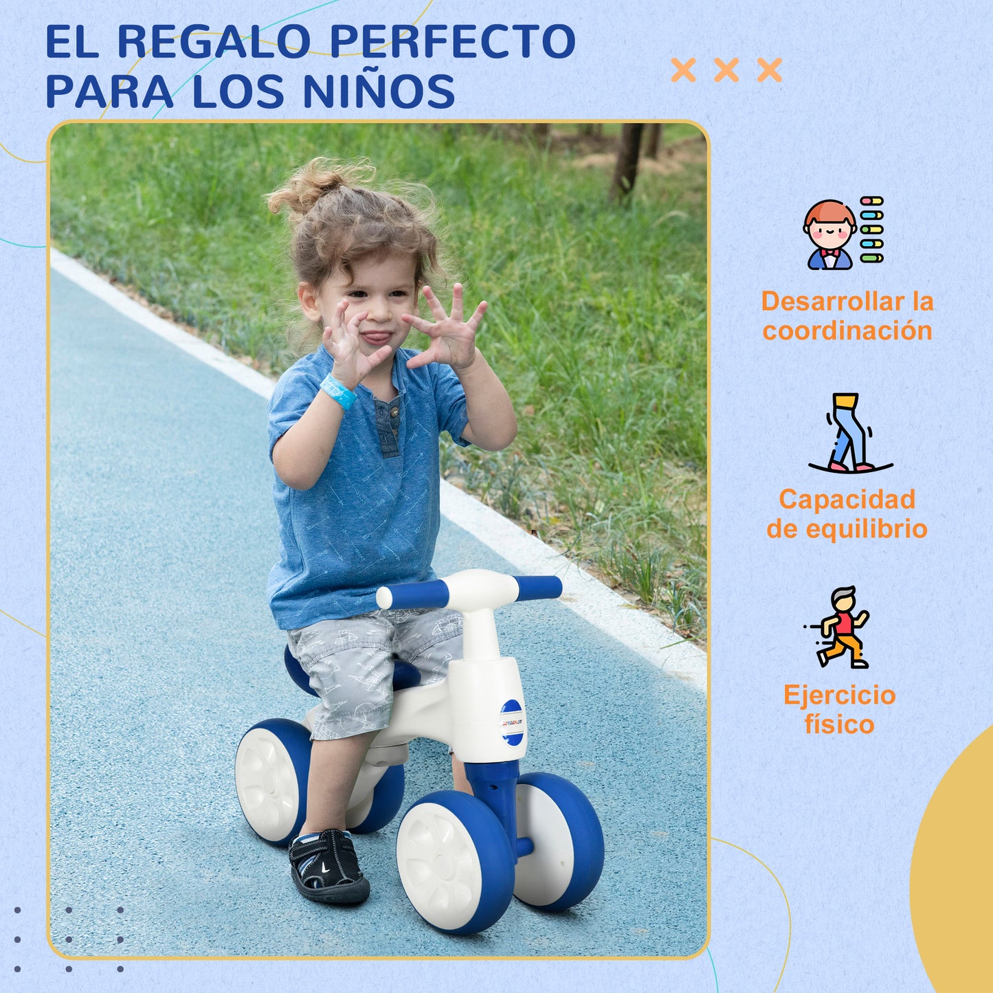 AIYAPLAY Bicicleta sin Pedales para Niños de 18-36 Meses Carga 30 kg Bicicleta de Equilibrio con Manillar Antideslizante y 4 Ruedas de Ø17 cm Regalo para Niños y Niñas 56x30x42 cm Azul