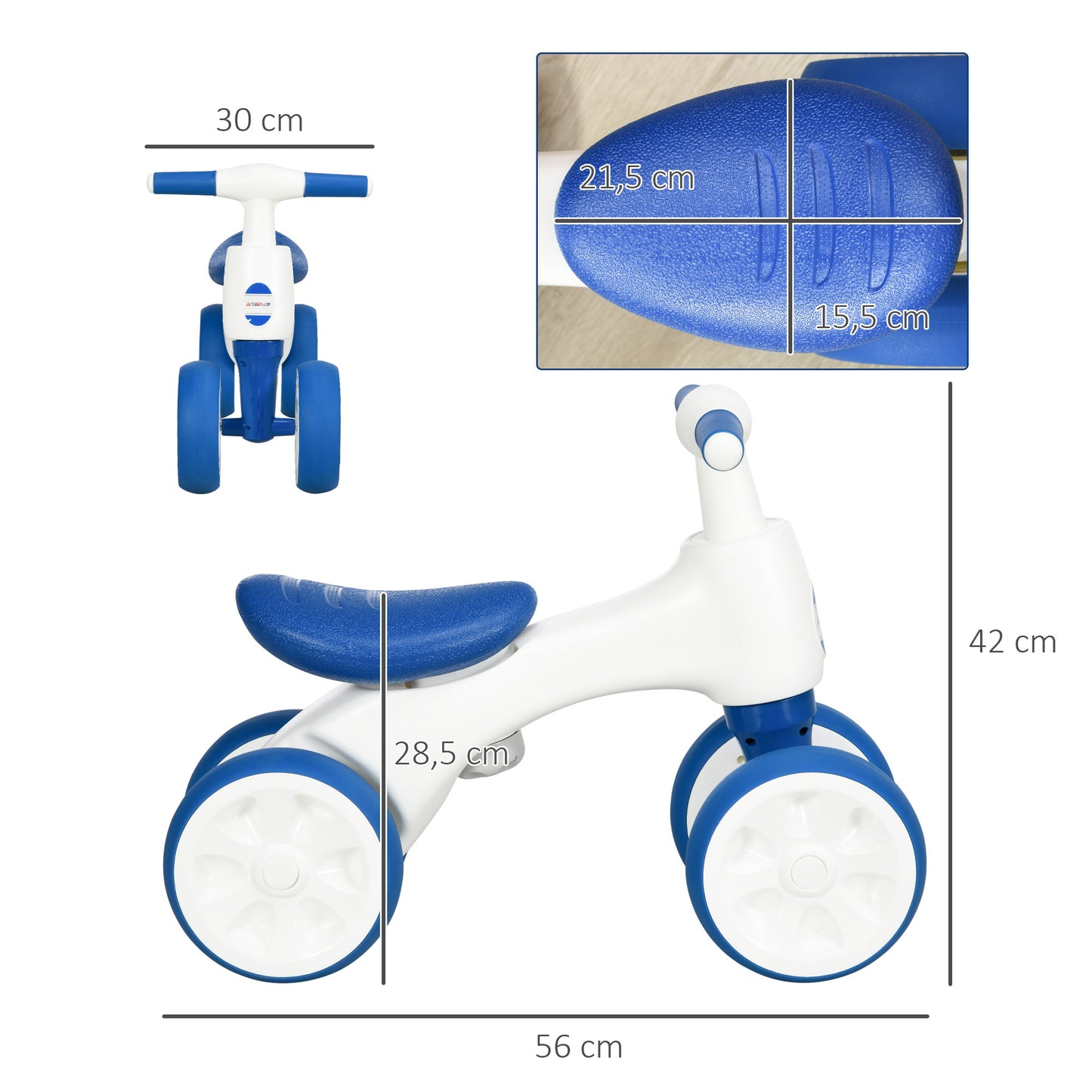 AIYAPLAY Bicicleta sin Pedales para Niños de 18-36 Meses Carga 30 kg Bicicleta de Equilibrio con Manillar Antideslizante y 4 Ruedas de Ø17 cm Regalo para Niños y Niñas 56x30x42 cm Azul