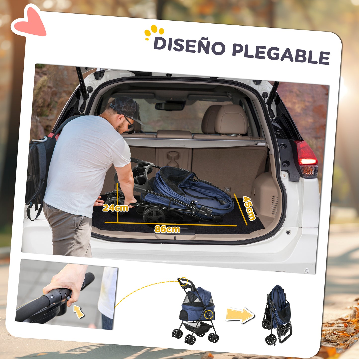 PawHut Cochecito para Perros Plegable Carrito para Perros Pequeños con Ruedas Universales Cesta de Almacenaje Correas de Seguridad y Ventanas 67x45x96 cm Azul Oscuro