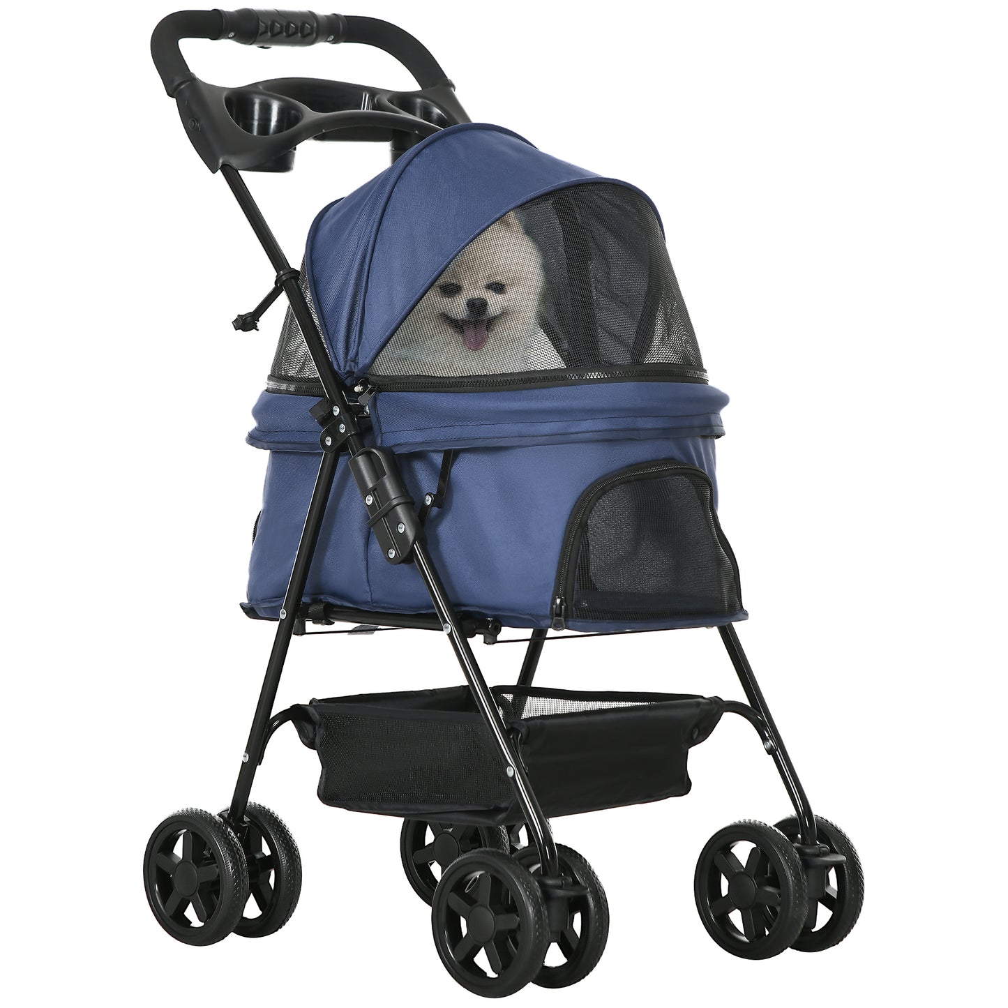 PawHut Cochecito para Perros Plegable Carrito para Perros Pequeños con Ruedas Universales Cesta de Almacenaje Correas de Seguridad y Ventanas 67x45x96 cm Azul Oscuro