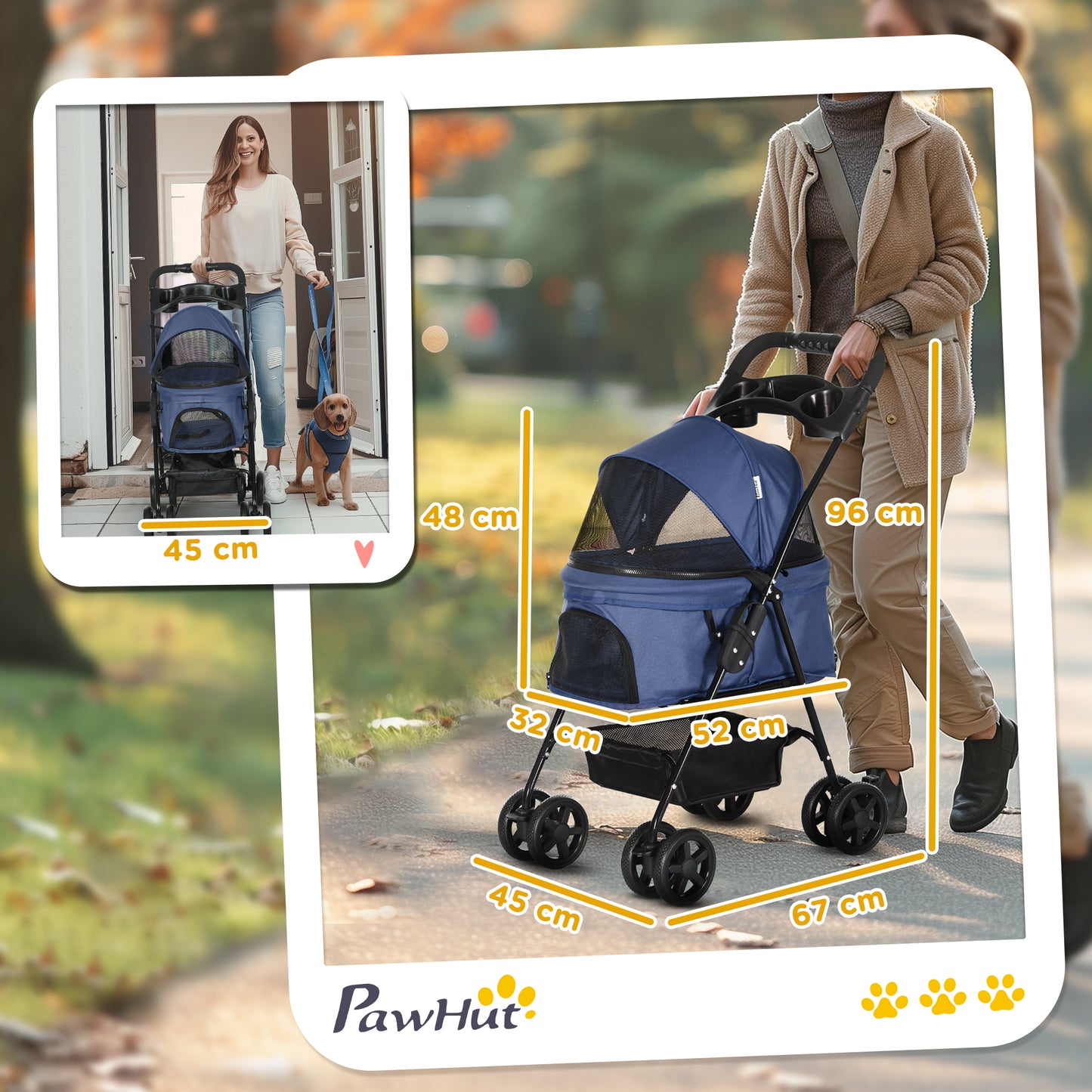 PawHut Cochecito para Perros Plegable Carrito para Perros Pequeños con Ruedas Universales Cesta de Almacenaje Correas de Seguridad y Ventanas 67x45x96 cm Azul Oscuro