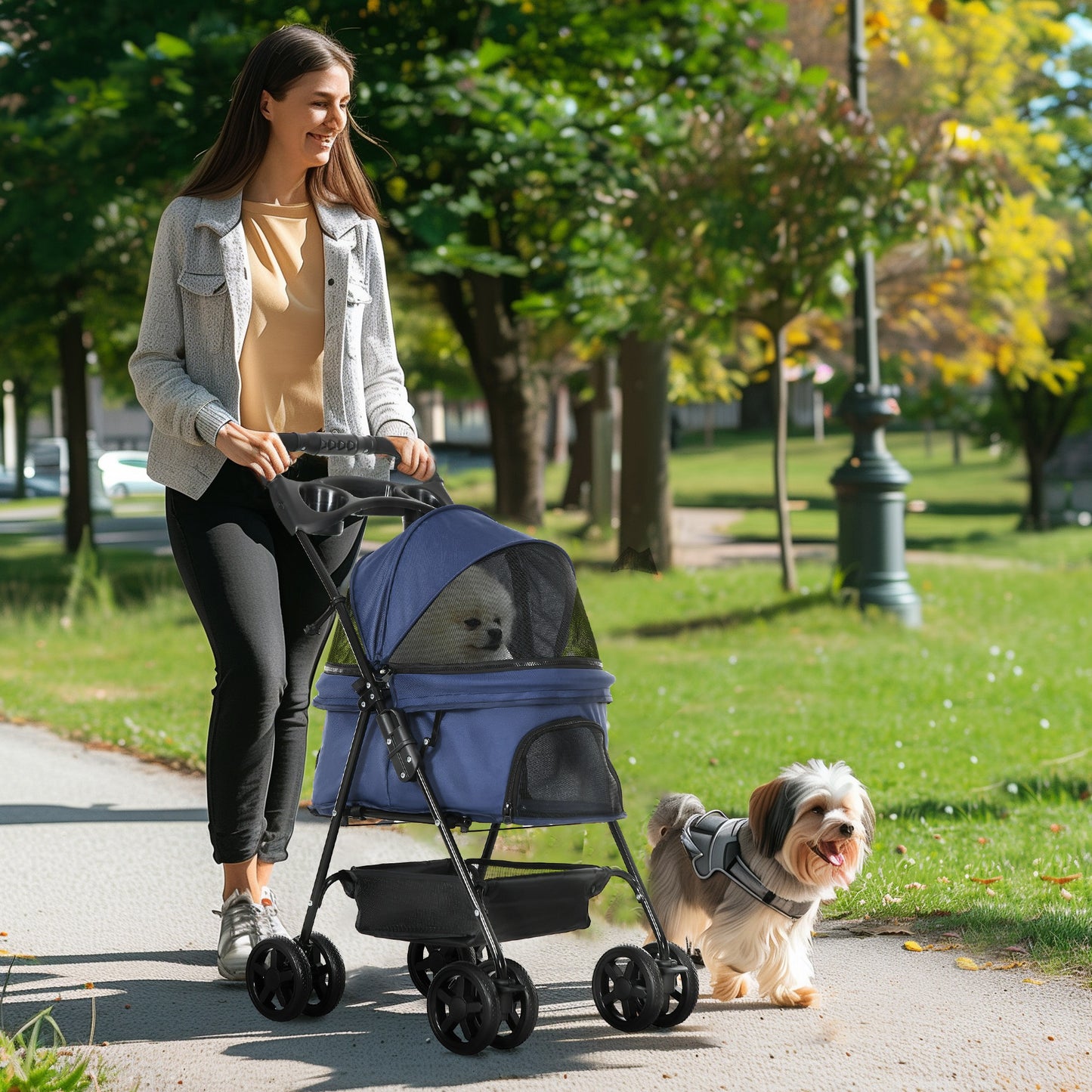 PawHut Cochecito para Perros Plegable Carrito para Perros Pequeños con Ruedas Universales Cesta de Almacenaje Correas de Seguridad y Ventanas 67x45x96 cm Azul Oscuro