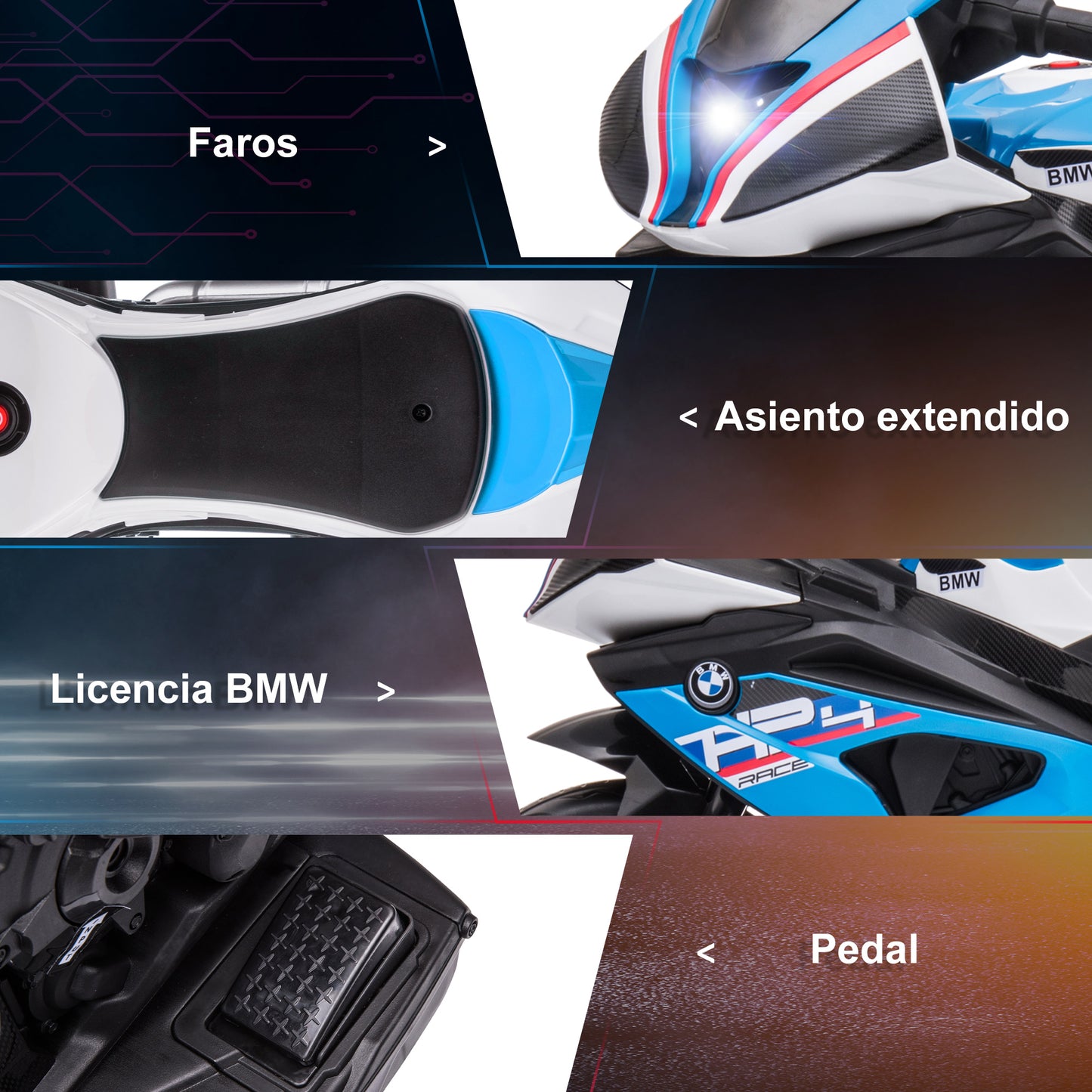 HOMCOM Moto Eléctrica BMW HP4 para Niños de +18 Meses Motocicleta de Batería 6V con Música USB Velocidad 2,5 km/h Avance y Retroceso Carga 30 kg 82,5x42x54 cm Azul