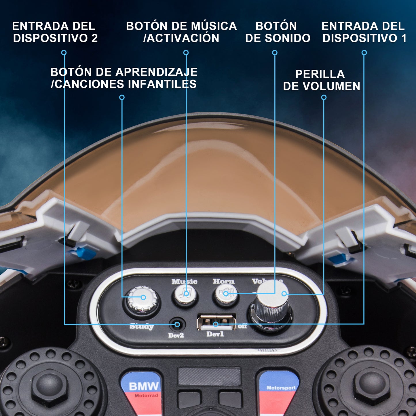 HOMCOM Moto Eléctrica BMW HP4 para Niños de +18 Meses Motocicleta de Batería 6V con Música USB Velocidad 2,5 km/h Avance y Retroceso Carga 30 kg 82,5x42x54 cm Azul