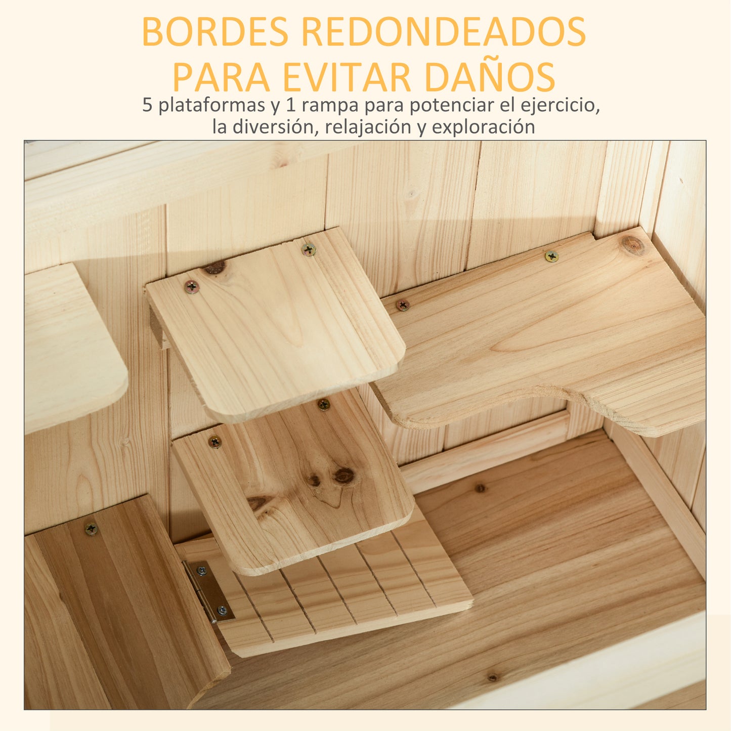 PawHut Jaula de Madera para Hámster Ratones Casa de Juegos con 5 Plataformas Rampa Techo Abatible Ventana Cristal Plástico y Estante Inferior 60x40x80 cm Natural