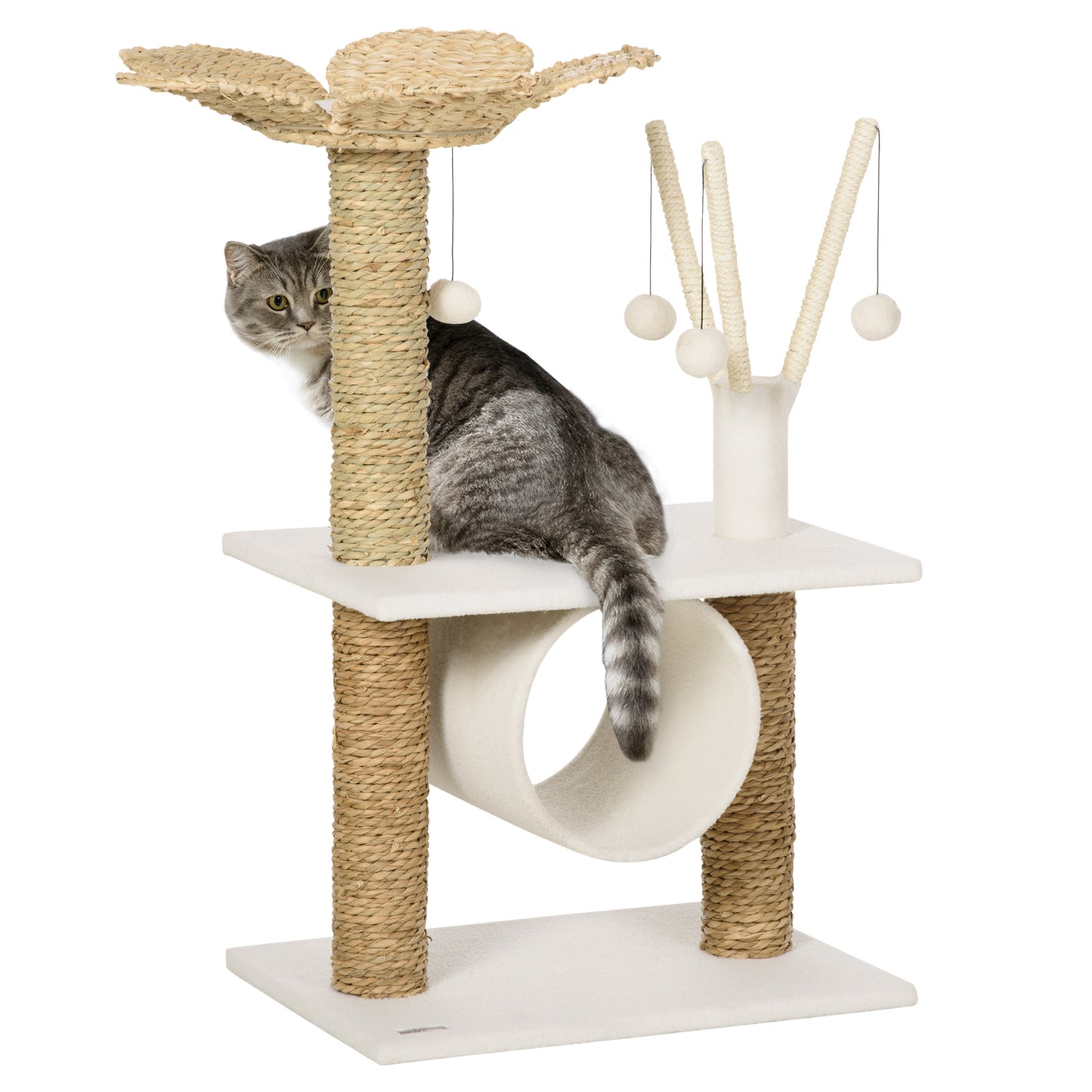 PawHut Árbol Rascador para Gatos Mediano Altura 91 cm Torre para Gatos con Cama Forma de Flor Plataforma Postes Rascadores Túnel y Bolas Colgantes 56x40x91 cm Blanco y Marrón