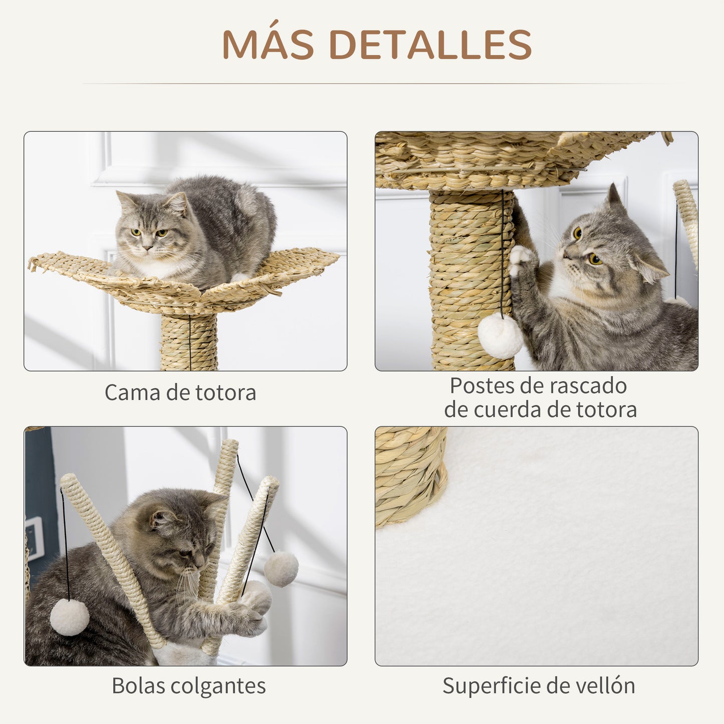 PawHut Árbol Rascador para Gatos Mediano Altura 91 cm Torre para Gatos con Cama Forma de Flor Plataforma Postes Rascadores Túnel y Bolas Colgantes 56x40x91 cm Blanco y Marrón