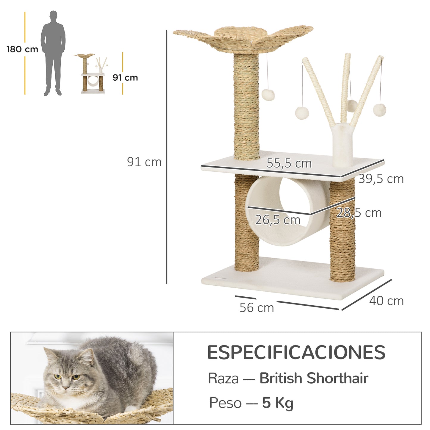 PawHut Árbol Rascador para Gatos Mediano Altura 91 cm Torre para Gatos con Cama Forma de Flor Plataforma Postes Rascadores Túnel y Bolas Colgantes 56x40x91 cm Blanco y Marrón