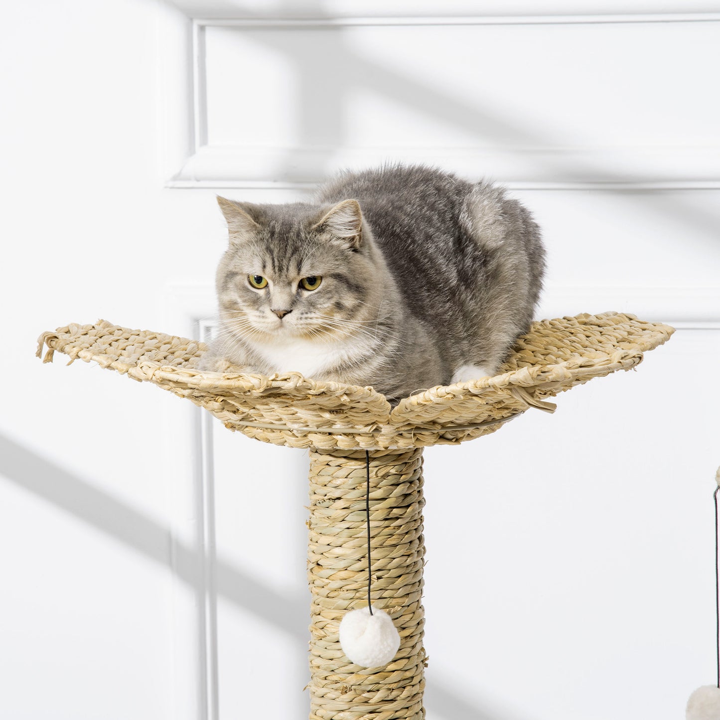 PawHut Árbol Rascador para Gatos Mediano Altura 91 cm Torre para Gatos con Cama Forma de Flor Plataforma Postes Rascadores Túnel y Bolas Colgantes 56x40x91 cm Blanco y Marrón