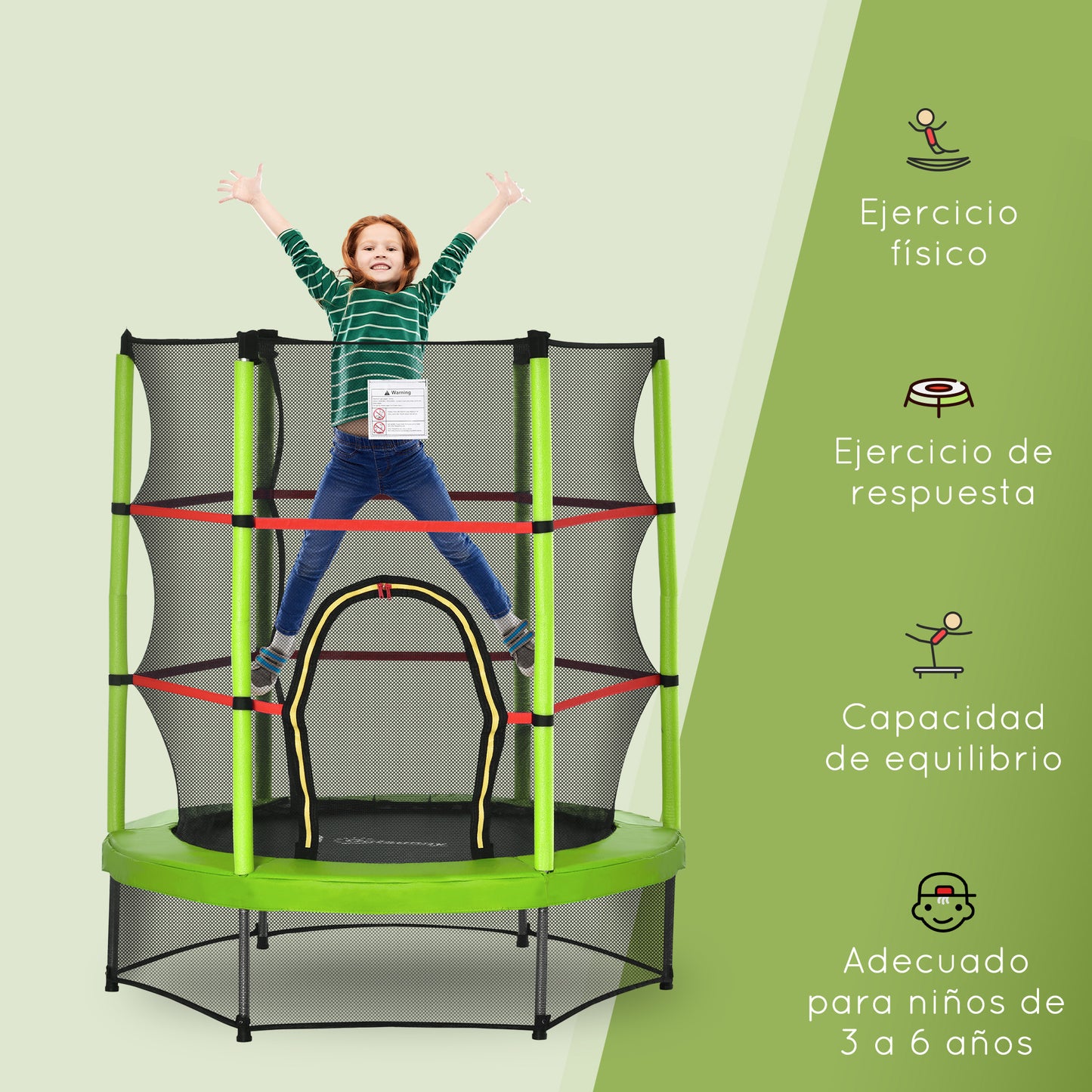 HOMCOM Cama Elástica Infantil Ø107 cm Trampolín para Niños de 3-6 Años con Red de Seguridad Carga 45 kg para Interior Ø140x160 cm Verde