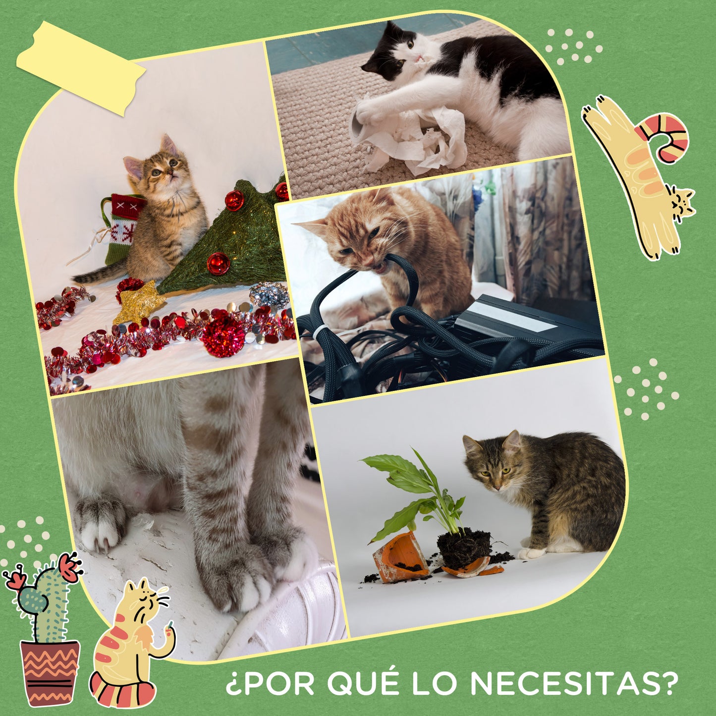 PawHut Poste Rascador para Gatos en Forma de Cactus Pequeño Árbol Rascador para Gatos con Poste de Sisal y Felpa Pelota Colgante y Base con Juego de Madera 32x32x60 cm Verde