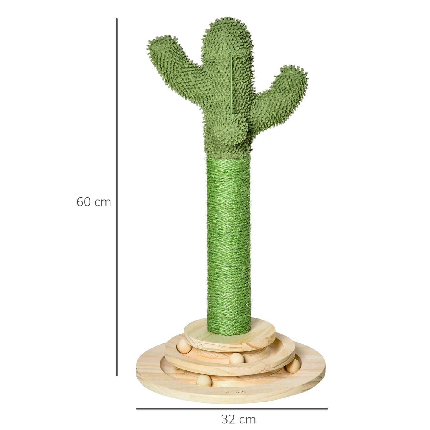 PawHut Poste Rascador para Gatos en Forma de Cactus Pequeño Árbol Rascador para Gatos con Poste de Sisal y Felpa Pelota Colgante y Base con Juego de Madera 32x32x60 cm Verde