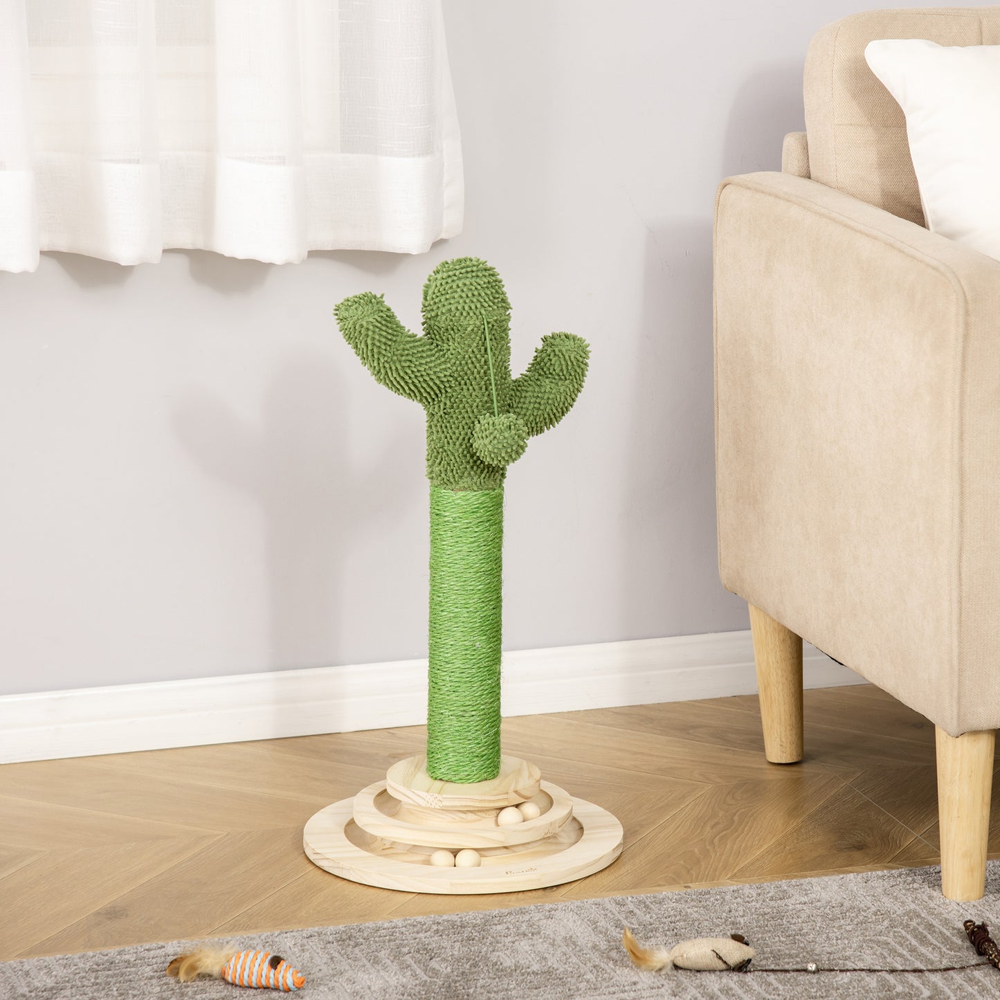 PawHut Poste Rascador para Gatos en Forma de Cactus Pequeño Árbol Rascador para Gatos con Poste de Sisal y Felpa Pelota Colgante y Base con Juego de Madera 32x32x60 cm Verde