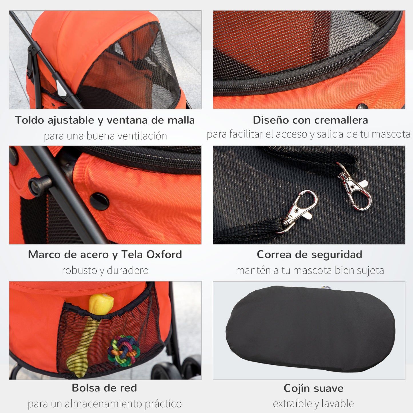 PawHut Carrito para Perros Plegable Cochecito para Mascotas Cochecito para Perros Pequeños con Ventanas de Malla Cojín Lavable Correas de Seguridad y Marco de Acero Rojo