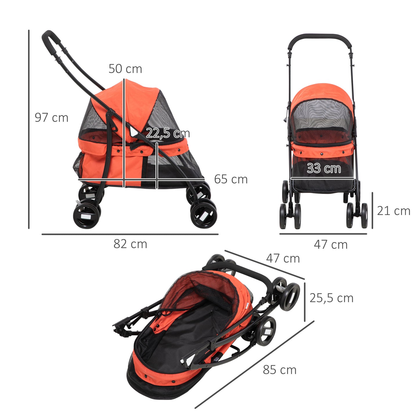 PawHut Carrito para Perros Plegable Cochecito para Mascotas Cochecito para Perros Pequeños con Ventanas de Malla Cojín Lavable Correas de Seguridad y Marco de Acero Rojo