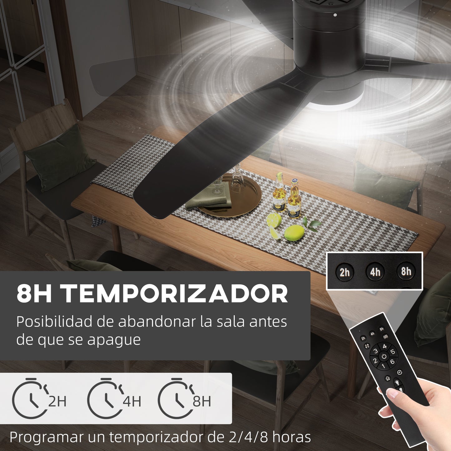 HOMCOM Ventilador de Techo con Luz LED 46W Ventilador de Techo Silencioso Ø132 cm con Motor Reversible 3 Aspas Reversibles Control Remoto 6 Velocidades para Dormitorio Efecto 10~15 m² Negro