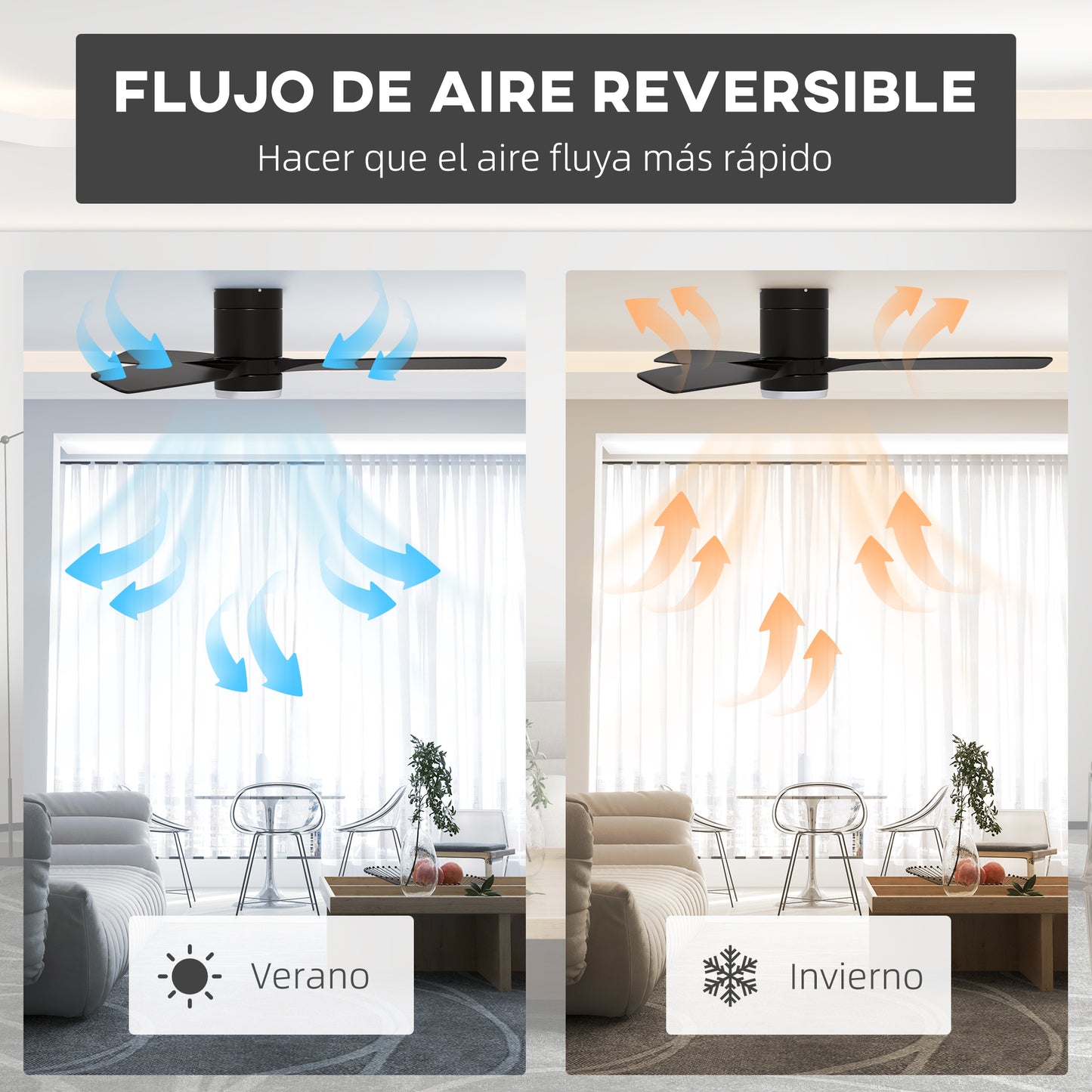 HOMCOM Ventilador de Techo con Luz LED 46W Ventilador de Techo Silencioso Ø132 cm con Motor Reversible 3 Aspas Reversibles Control Remoto 6 Velocidades para Dormitorio Efecto 10~15 m² Negro