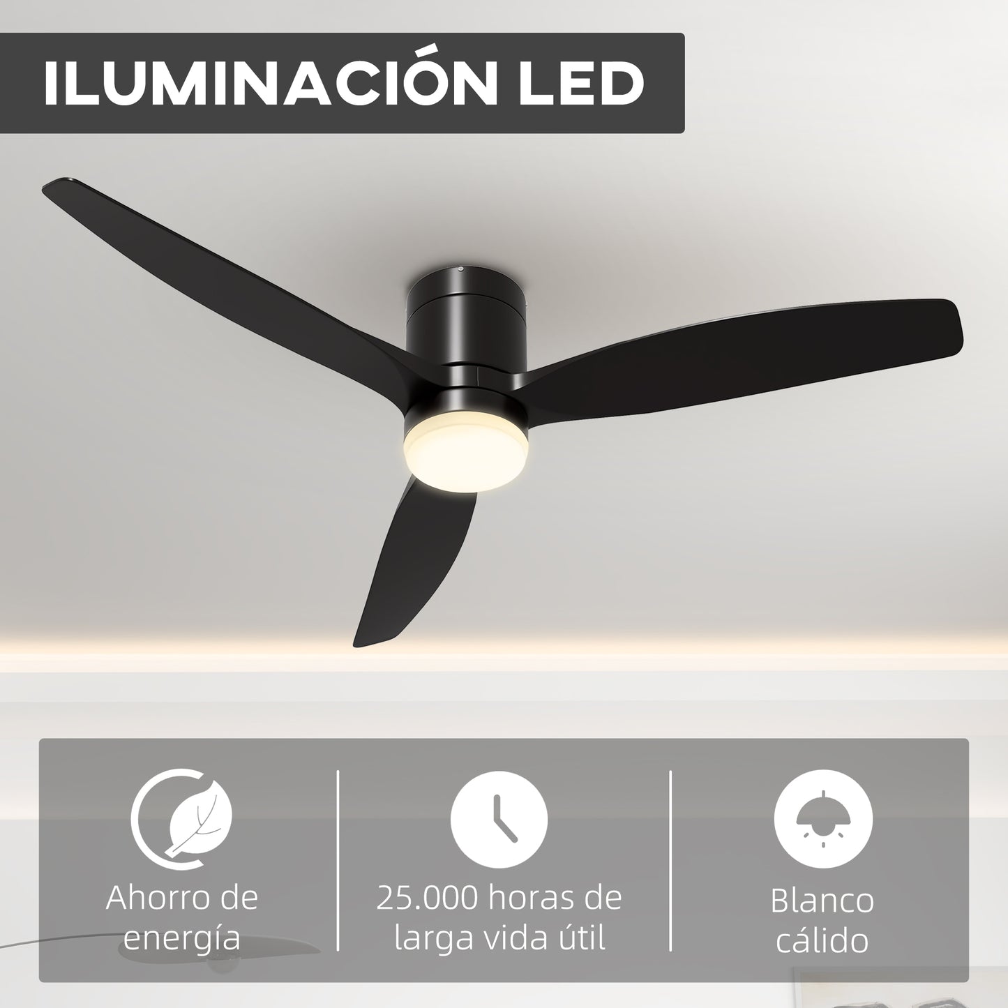 HOMCOM Ventilador de Techo con Luz LED 46W Ventilador de Techo Silencioso Ø132 cm con Motor Reversible 3 Aspas Reversibles Control Remoto 6 Velocidades para Dormitorio Efecto 10~15 m² Negro