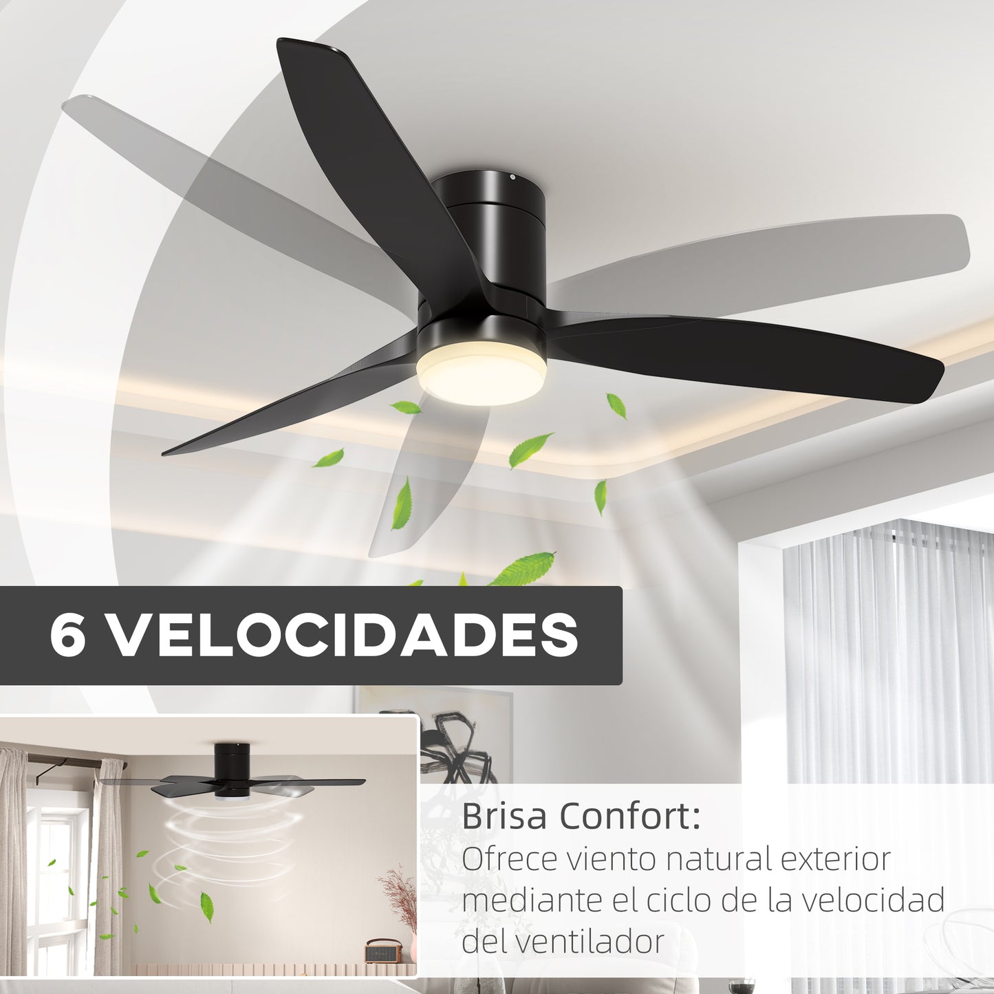 HOMCOM Ventilador de Techo con Luz LED 46W Ventilador de Techo Silencioso Ø132 cm con Motor Reversible 3 Aspas Reversibles Control Remoto 6 Velocidades para Dormitorio Efecto 10~15 m² Negro