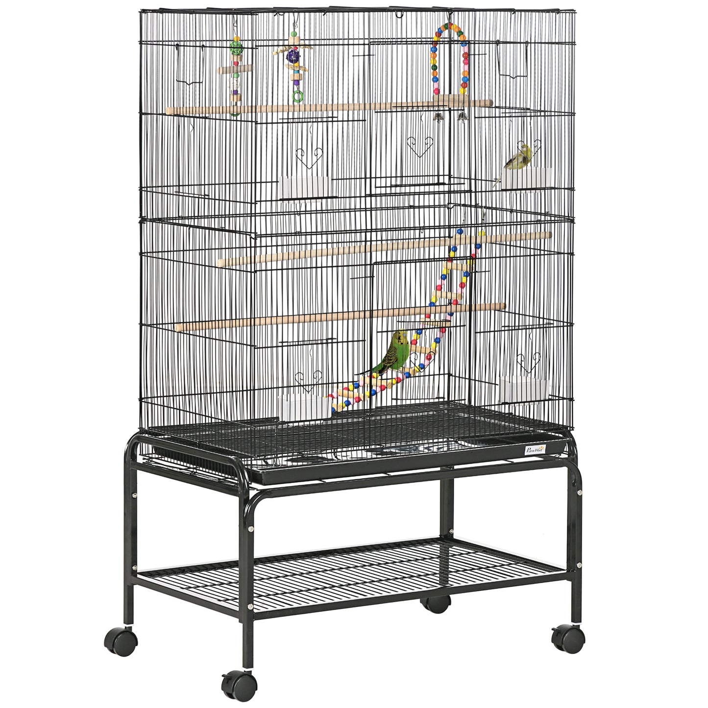 PawHut Jaula para Pájaros con Ruedas 79x49x133 cm Pajarera Metálico Jaula Grande con Soporte con 4 Comederos 3 Perchas Juguetes Bandeja Extraíble Estante para Canarios Periquitos Negro