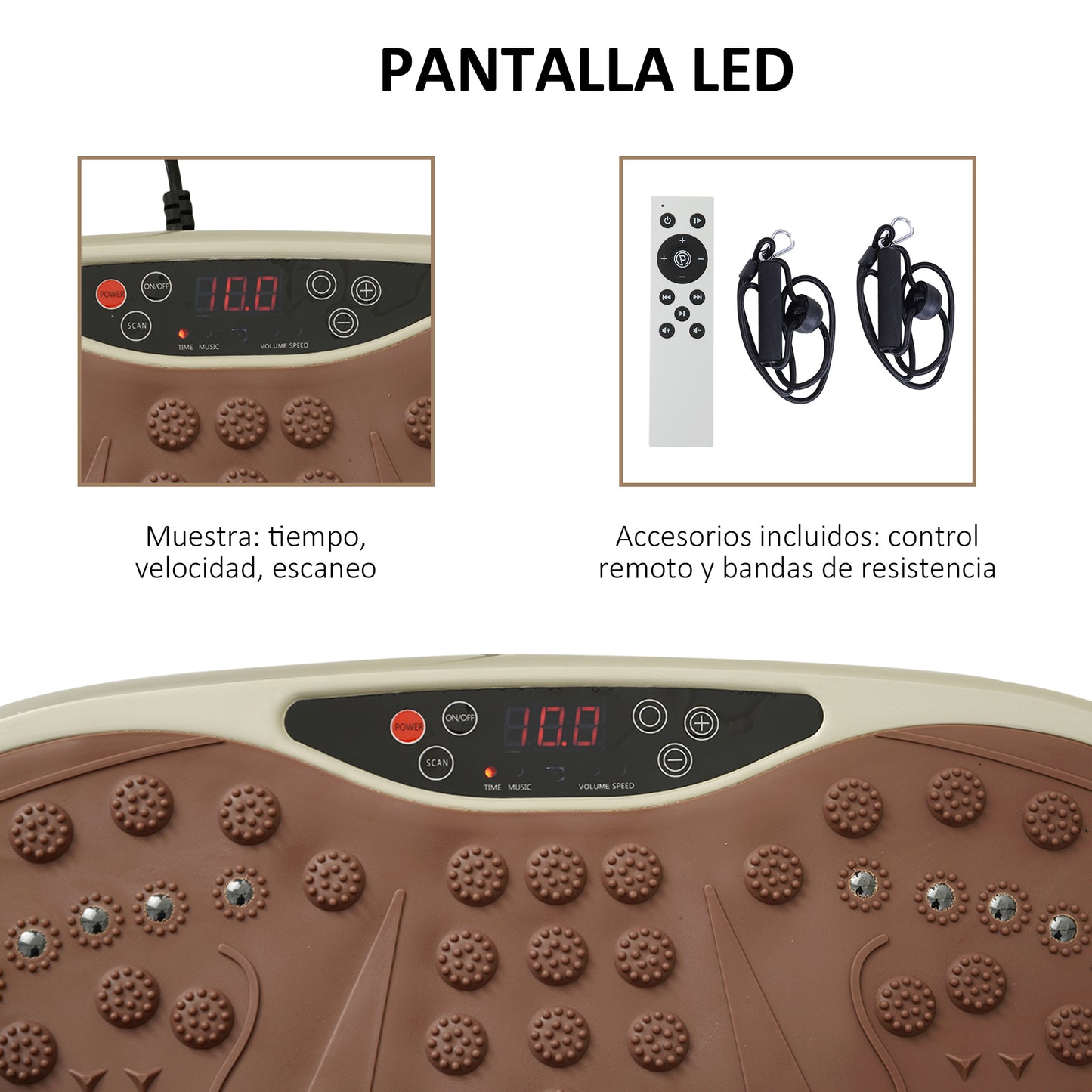 HOMCOM Placa de Vibración Plataforma Máquina de Drenaje Linfático para Pérdida de Peso con 2 Bandas Elásticas 200W Control Remoto 99 Velocidades USB Pantalla LED para Casa 54x33x14 cm Café y Negro