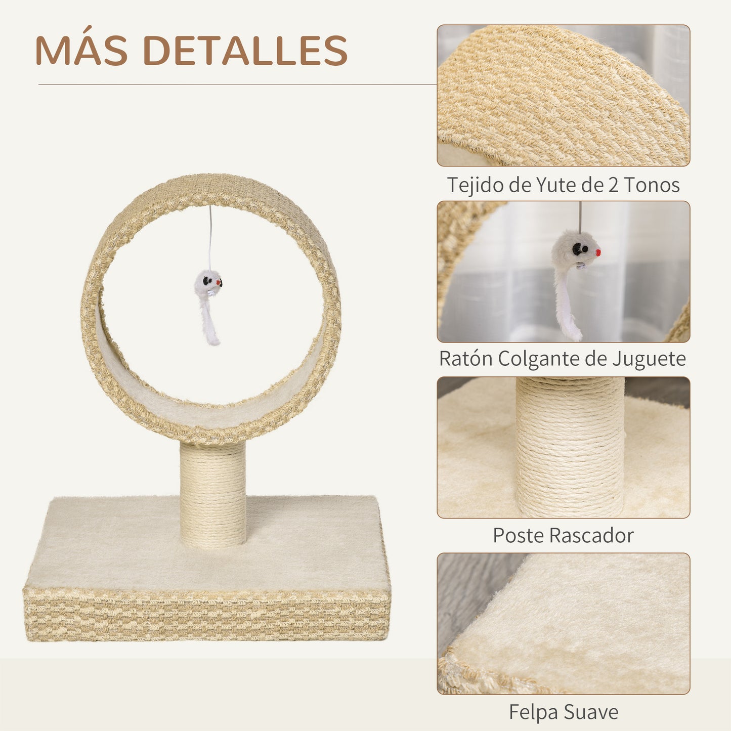 PawHut Árbol para Gatos Pequeño 61x41x50 cm Torre de Rascado de Gato con Túnel Superior Poste Rascador de Yute Natural y Juguete de Rata Colgante Beige