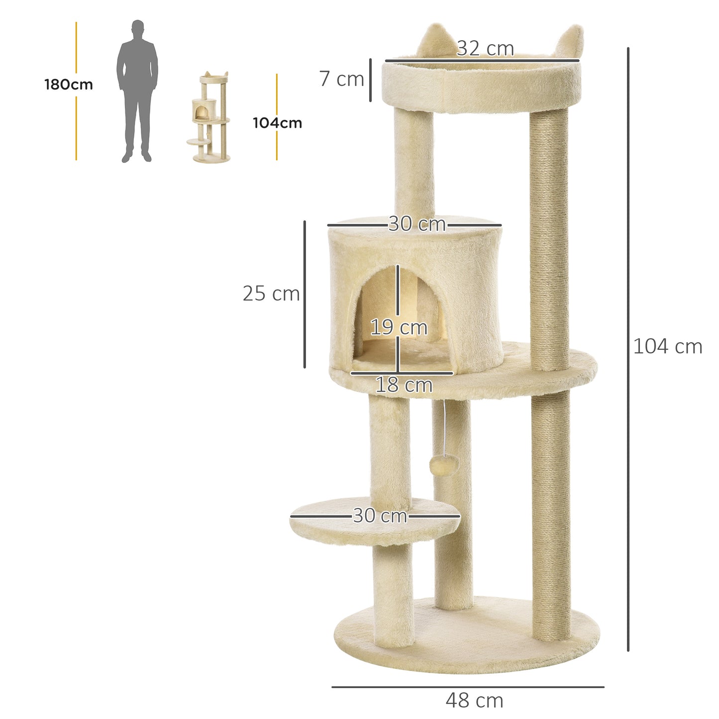 PawHut Árbol Rascador para Gatos de 104 cm Rascador para Gatos con Plataformas Refugio Postes de Sisal y Bola Colgante 48x48x104 cm Crema