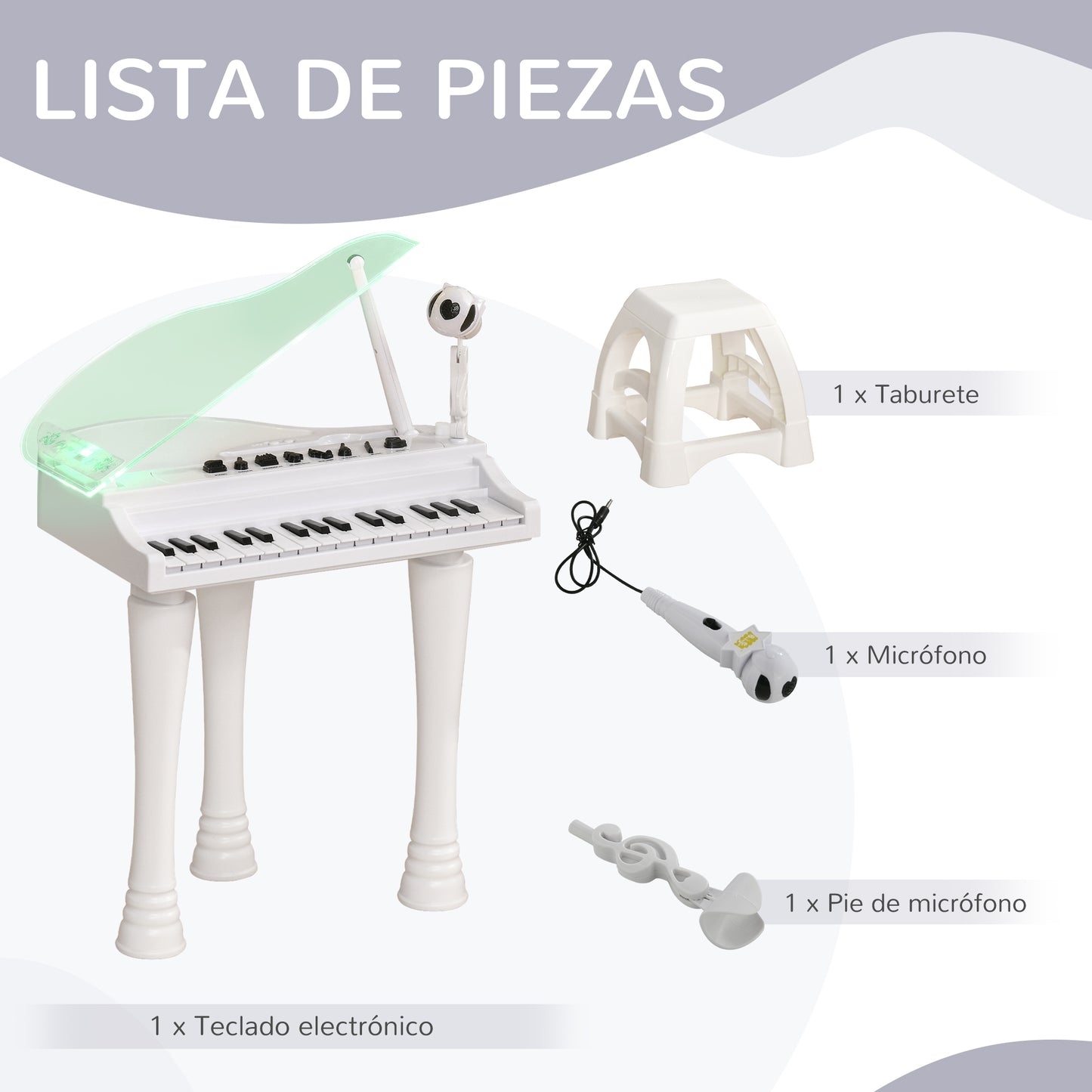 AIYAPLAY Piano Electrónico Infantil de 32 Teclas Juego de Piano con Micrófono Taburete Luces 22 Canciones 4 Sonidos Patas Desmontables y Volumen Ajustable 37x30,5x60,4 cm Blanco