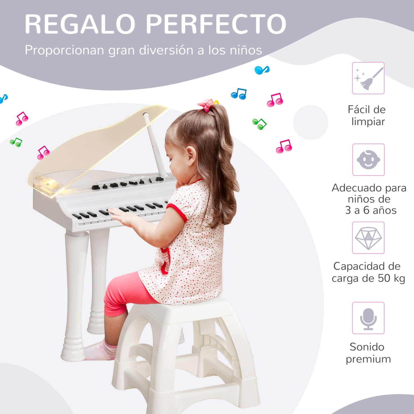 AIYAPLAY Piano Electrónico Infantil de 32 Teclas Juego de Piano con Micrófono Taburete Luces 22 Canciones 4 Sonidos Patas Desmontables y Volumen Ajustable 37x30,5x60,4 cm Blanco