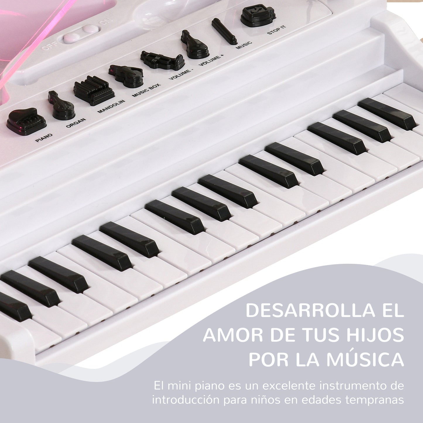 AIYAPLAY Piano Electrónico Infantil de 32 Teclas Juego de Piano con Micrófono Taburete Luces 22 Canciones 4 Sonidos Patas Desmontables y Volumen Ajustable 37x30,5x60,4 cm Blanco